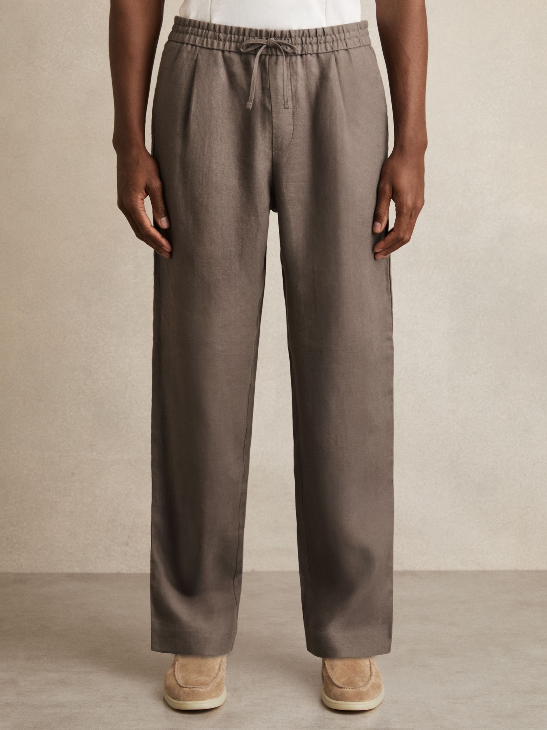 Linen Drawstring Relaxed-Fit Trousers in Mushroom Brown - Image 3 of 7