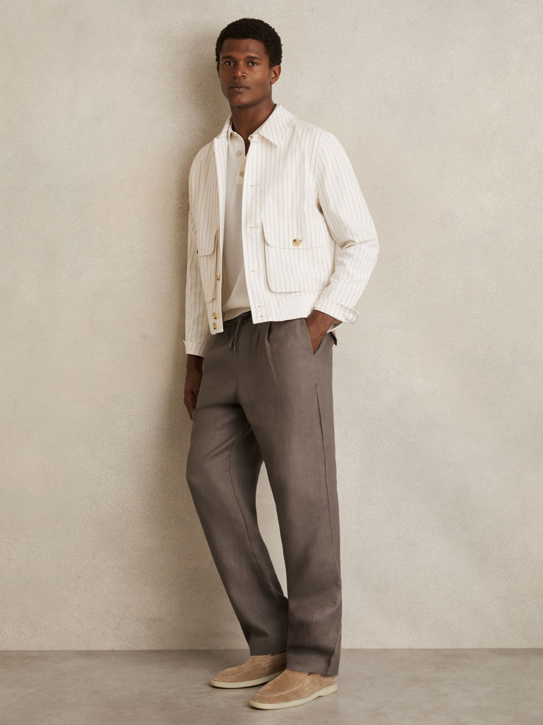 Linen Drawstring Relaxed-Fit Trousers in Mushroom Brown - Image 6 of 7