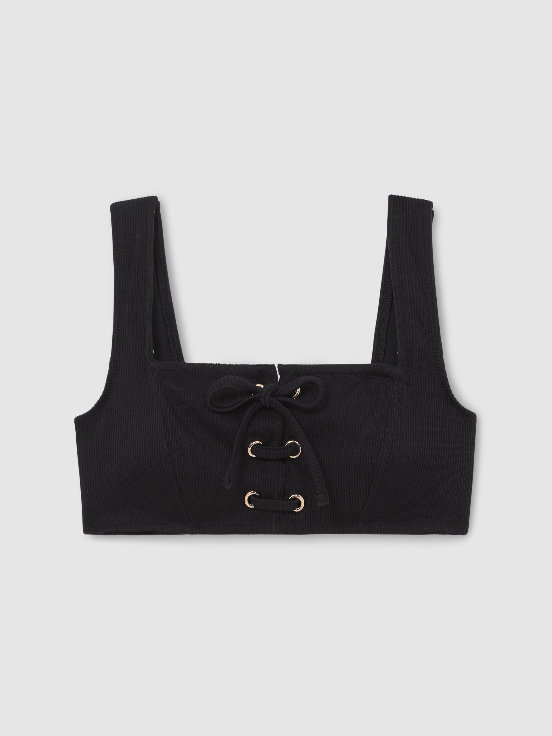 Ribbed Lace-Up Bikini Top in Black - Image 2 of 5