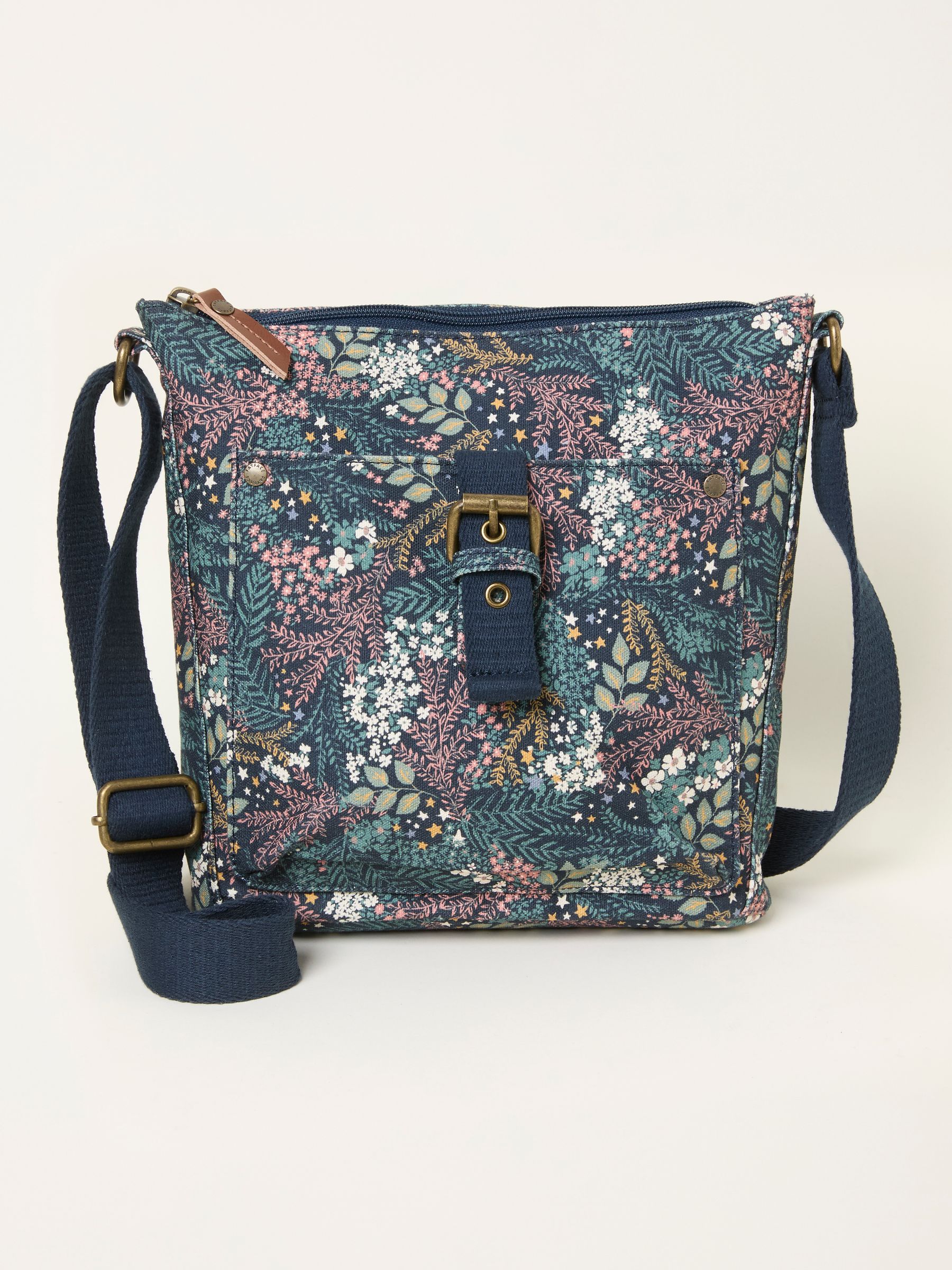 Teal Blue Canvas Floral Print Crossbody Bag
