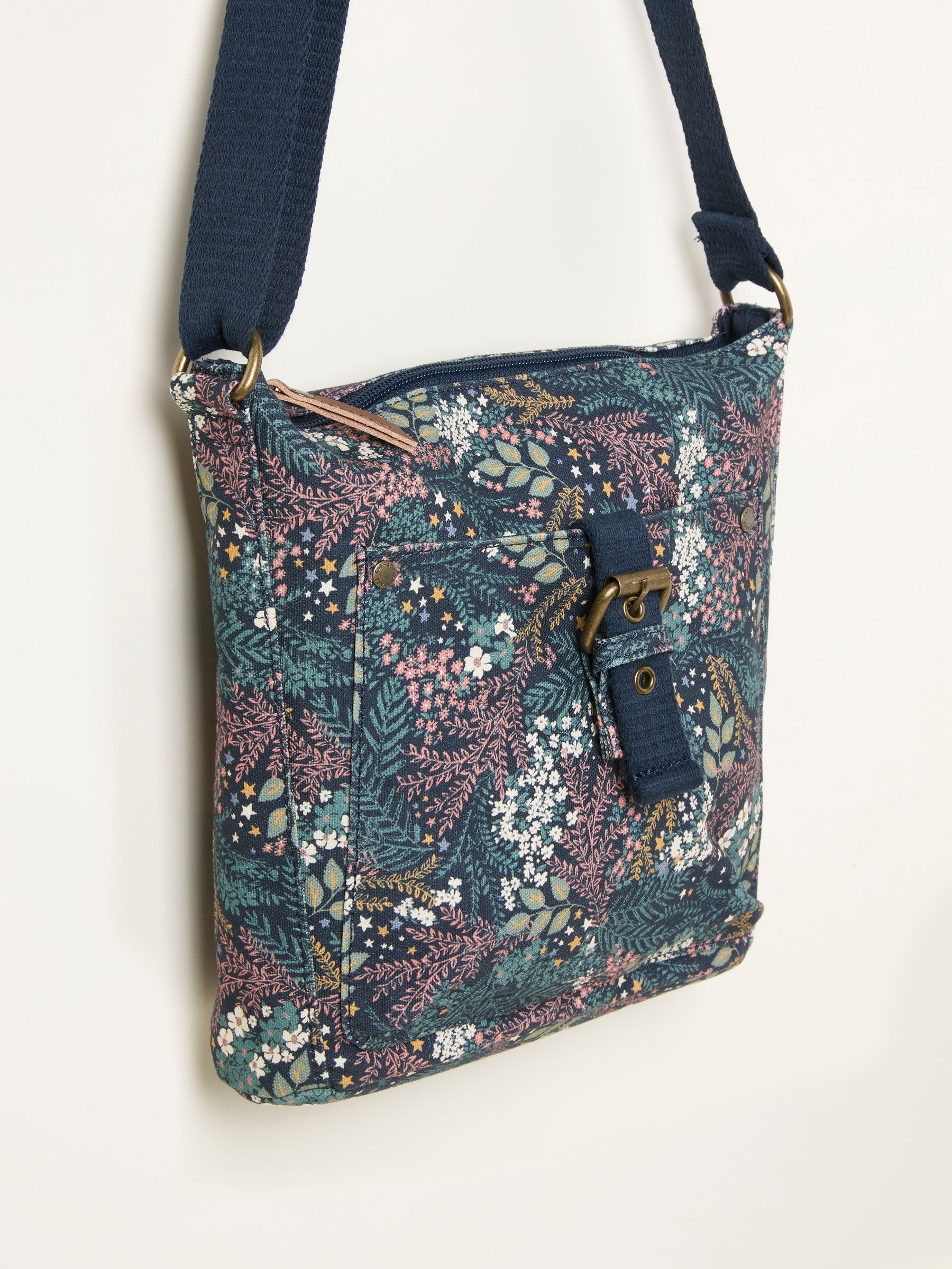 Teal Blue Canvas Floral Print Crossbody Bag - Image 2 of 3