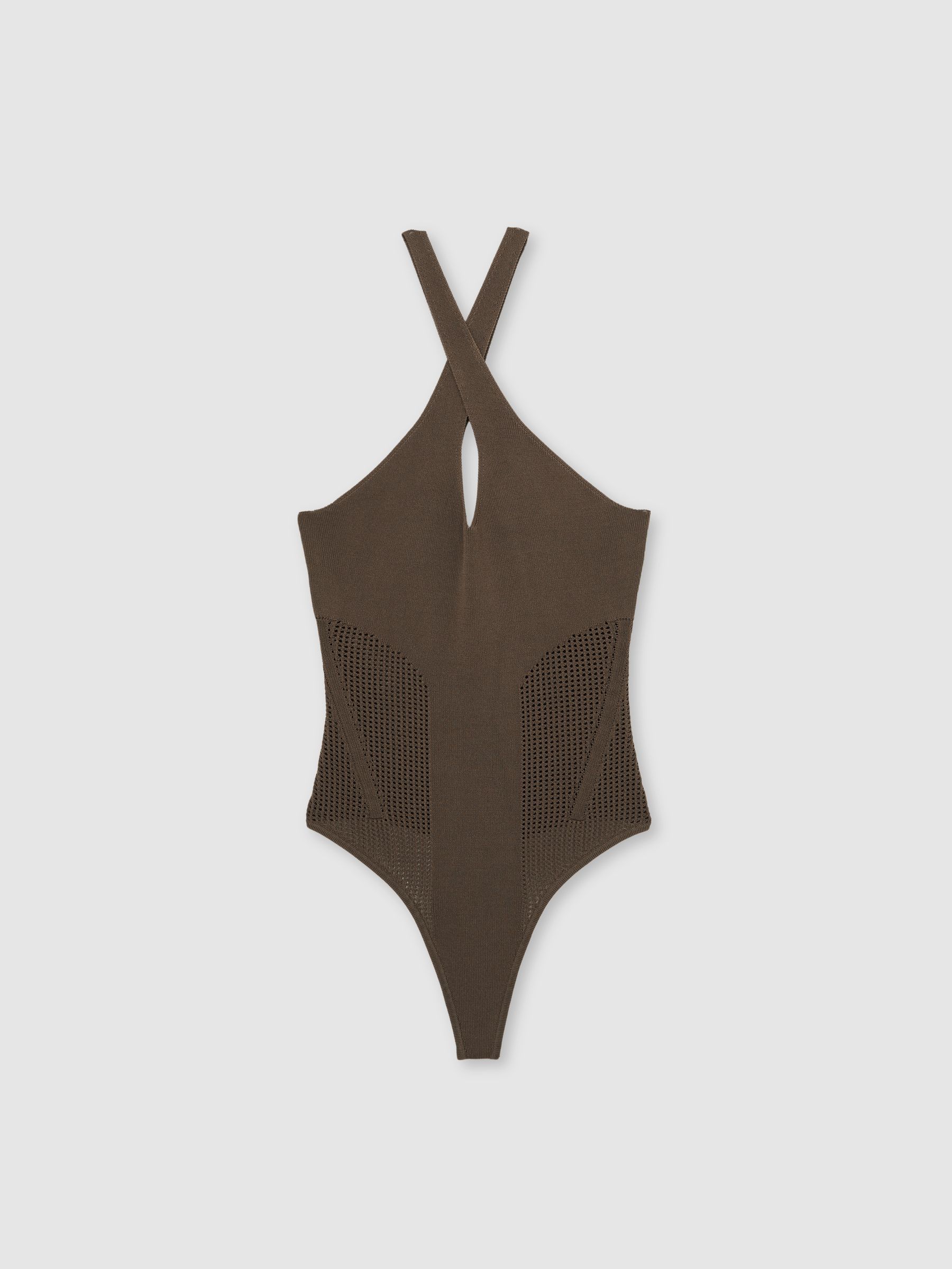 Perforated-Knit Cross-Strap Bodysuit in Mink - Image 2 of 5