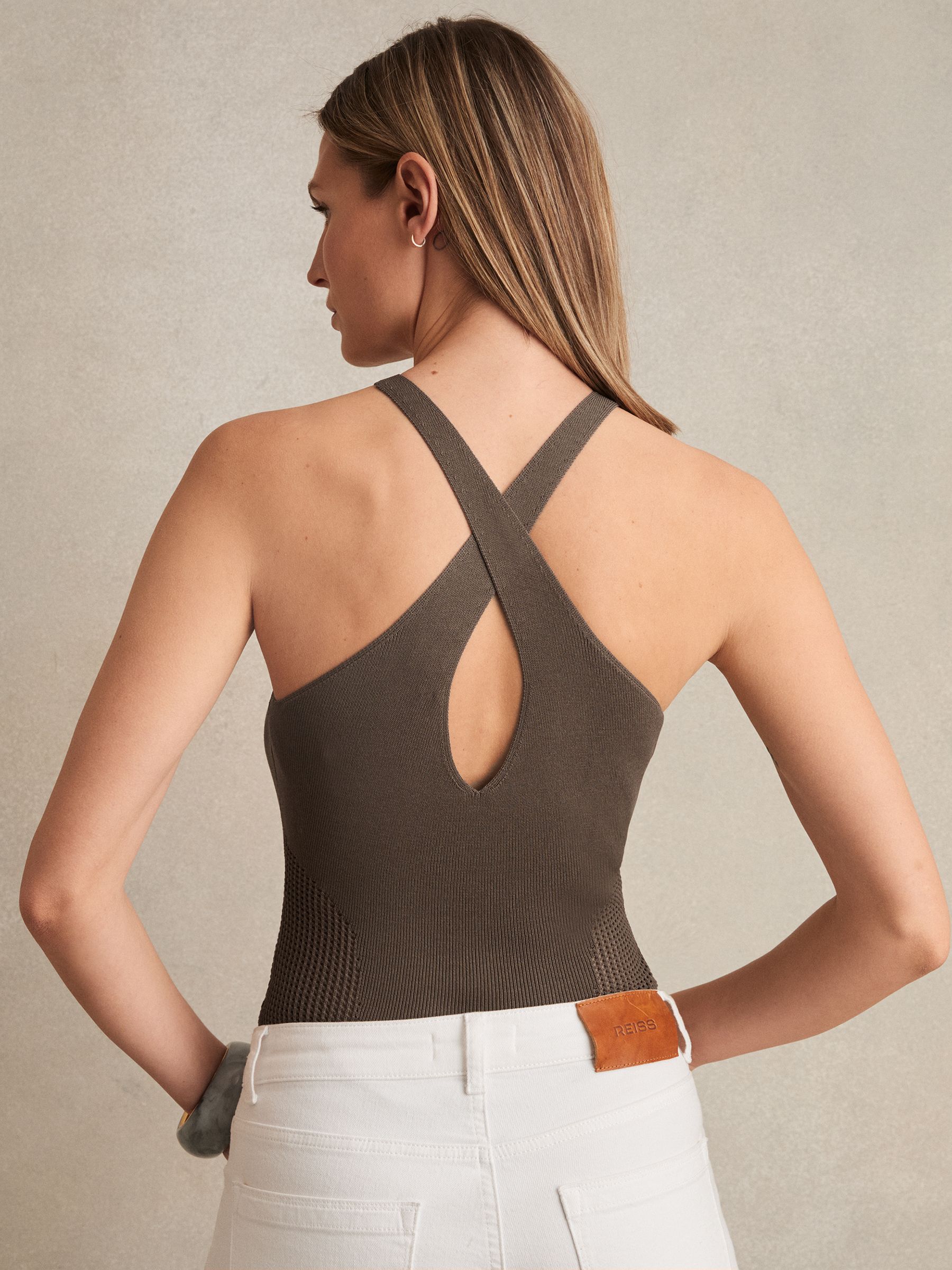 Perforated-Knit Cross-Strap Bodysuit in Mink - Image 4 of 5