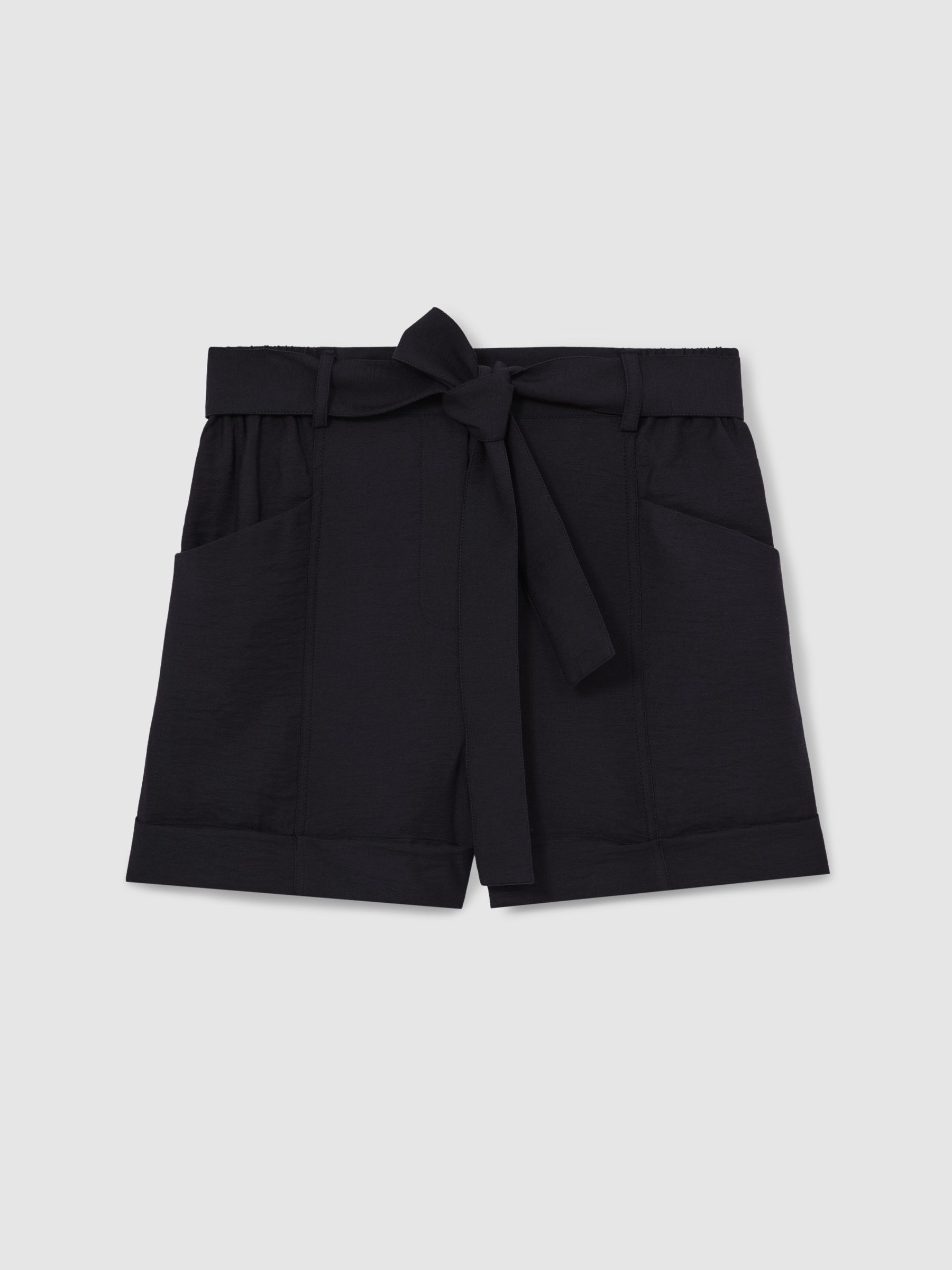 Belted Button Tab Shorts in Navy - Image 2 of 5