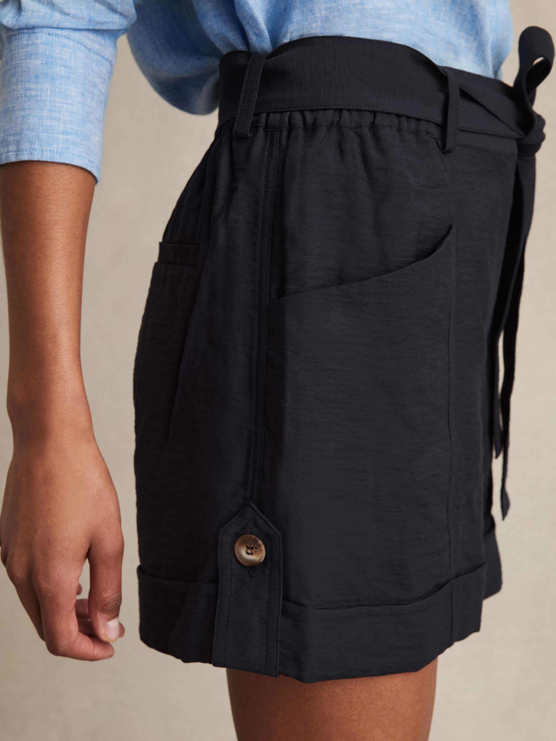 Belted Button-Tab Shorts in Navy - image 4