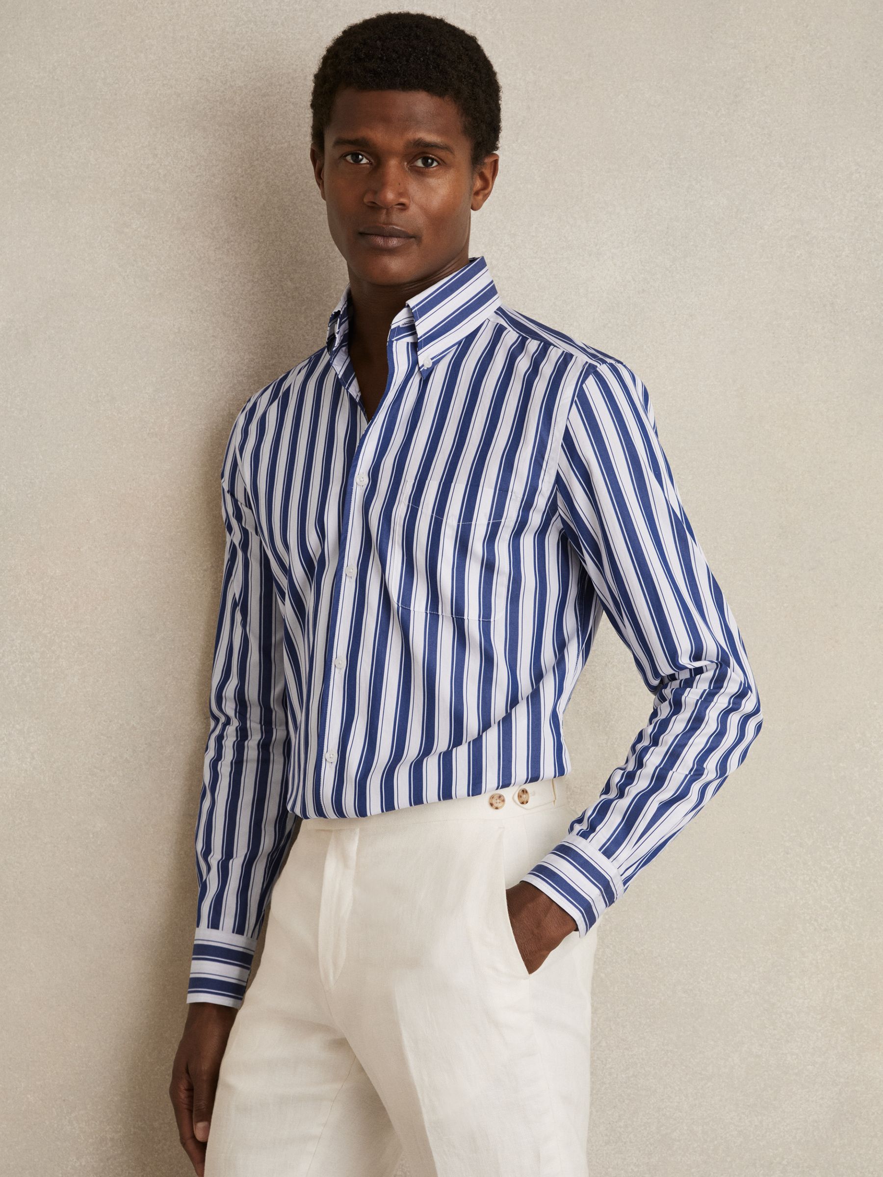 Cotton Stripe Button-Down Shirt Regular-Fit in White/Blue - Image 1 of 6