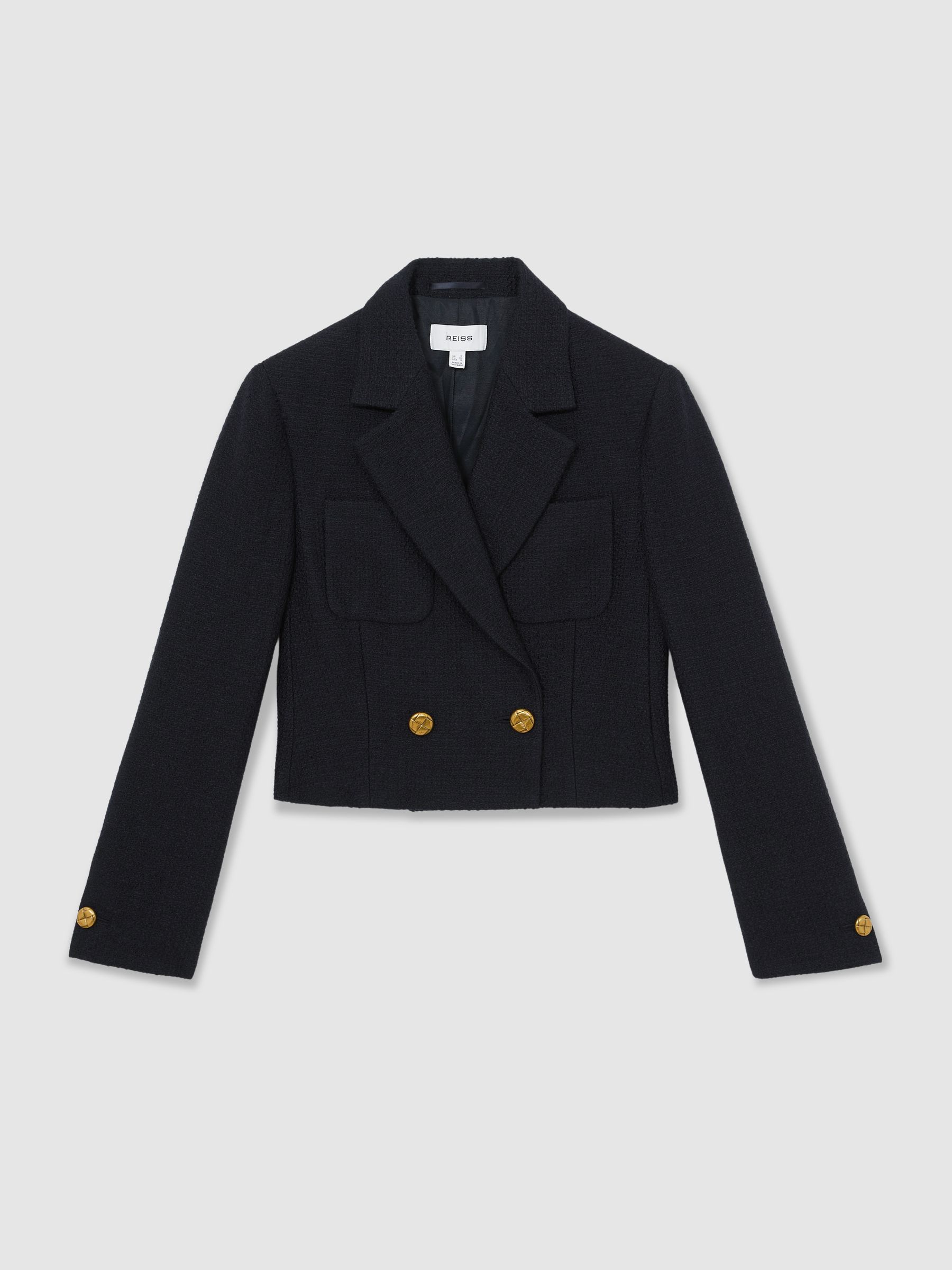 Double-Breasted Textured Cropped Blazer with Wool and Cotton in Navy - Image 2 of 6