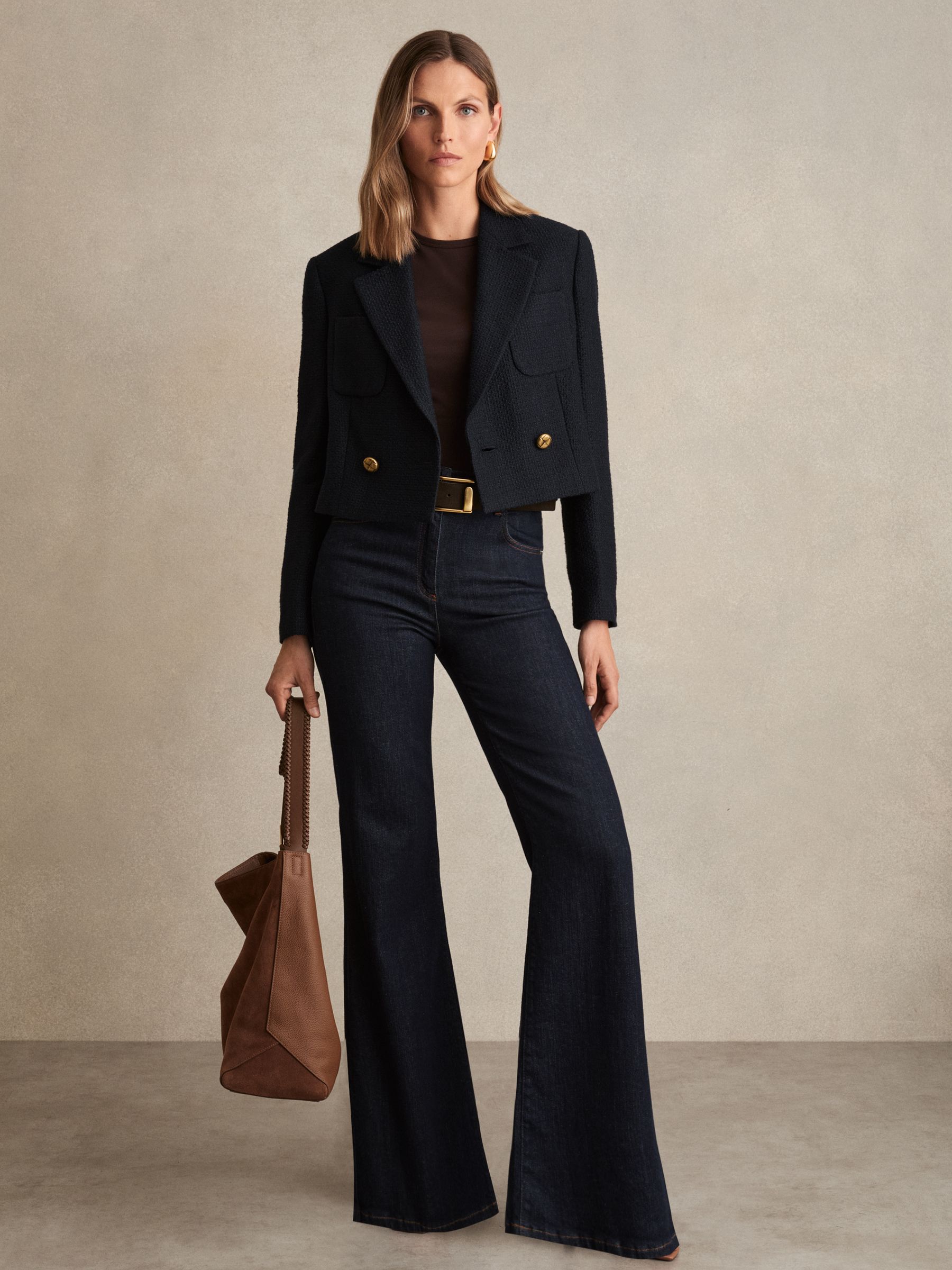 Double-Breasted Textured Cropped Blazer with Wool and Cotton in Navy - Image 3 of 6