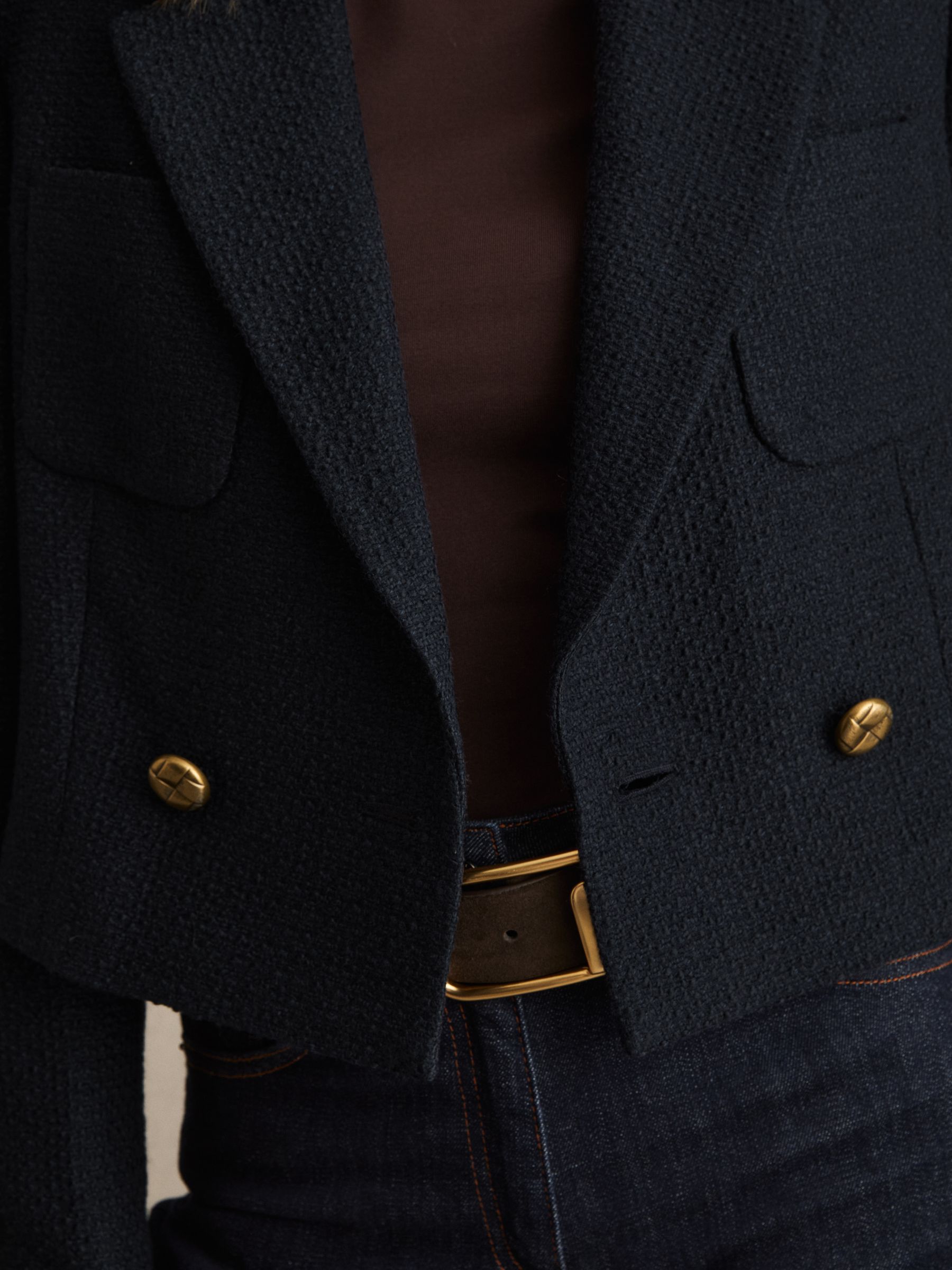 Double-Breasted Textured Cropped Blazer with Wool and Cotton in Navy - Image 4 of 6