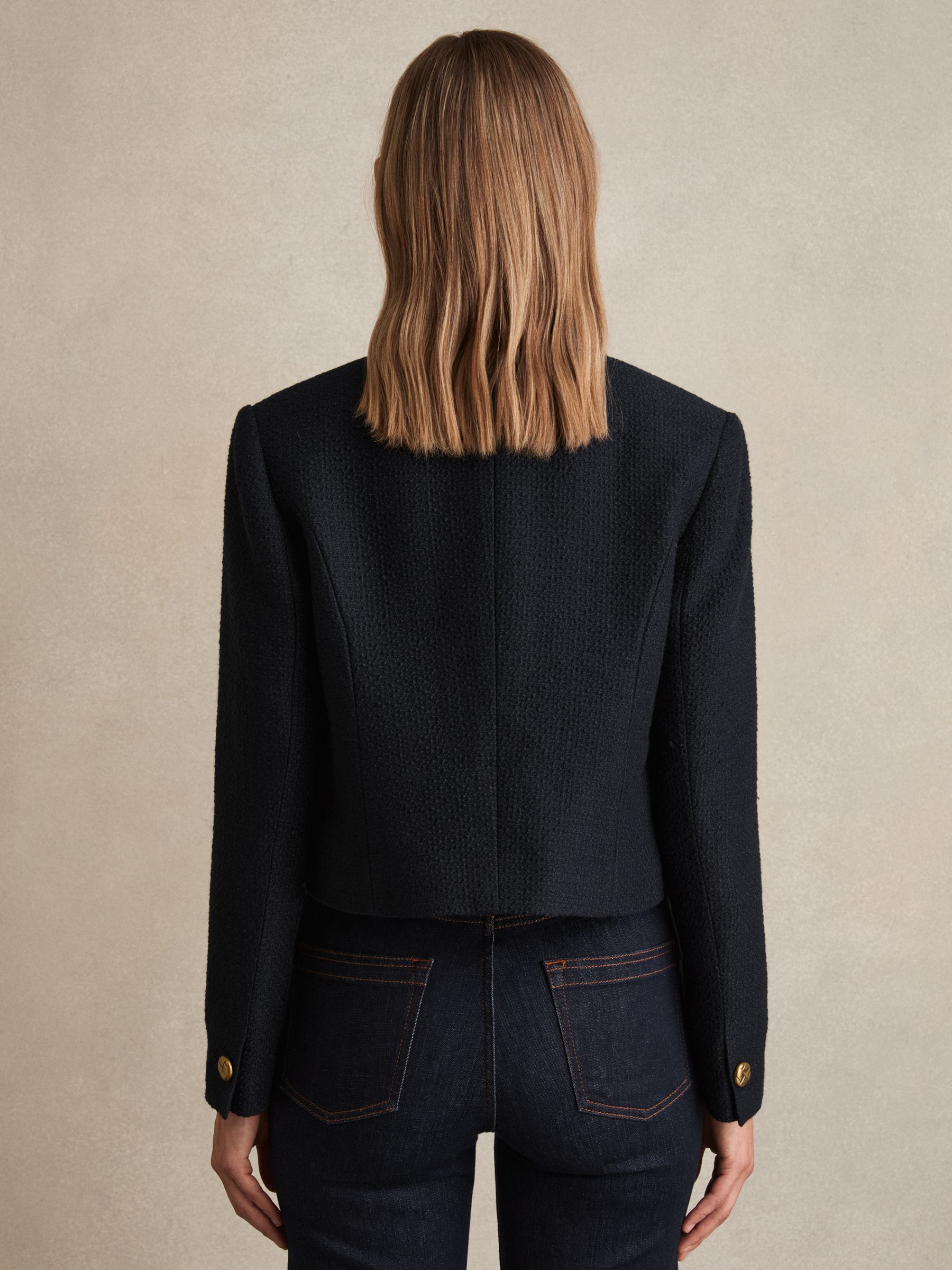 Double-Breasted Textured Cropped Blazer with Wool and Cotton in Navy - Image 5 of 6
