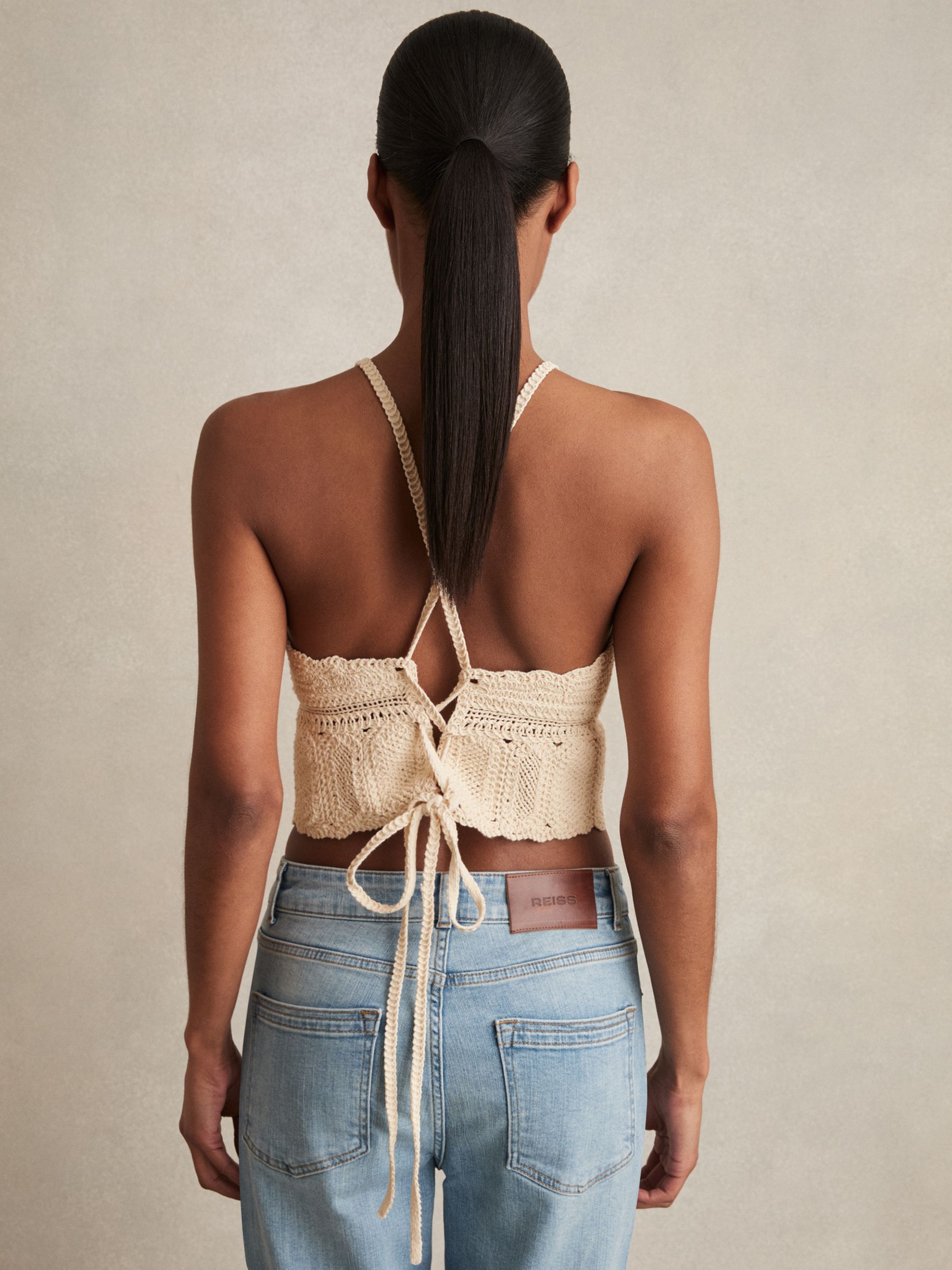 Cotton Crochet Tie-Back Cropped Top in Cream - image 3