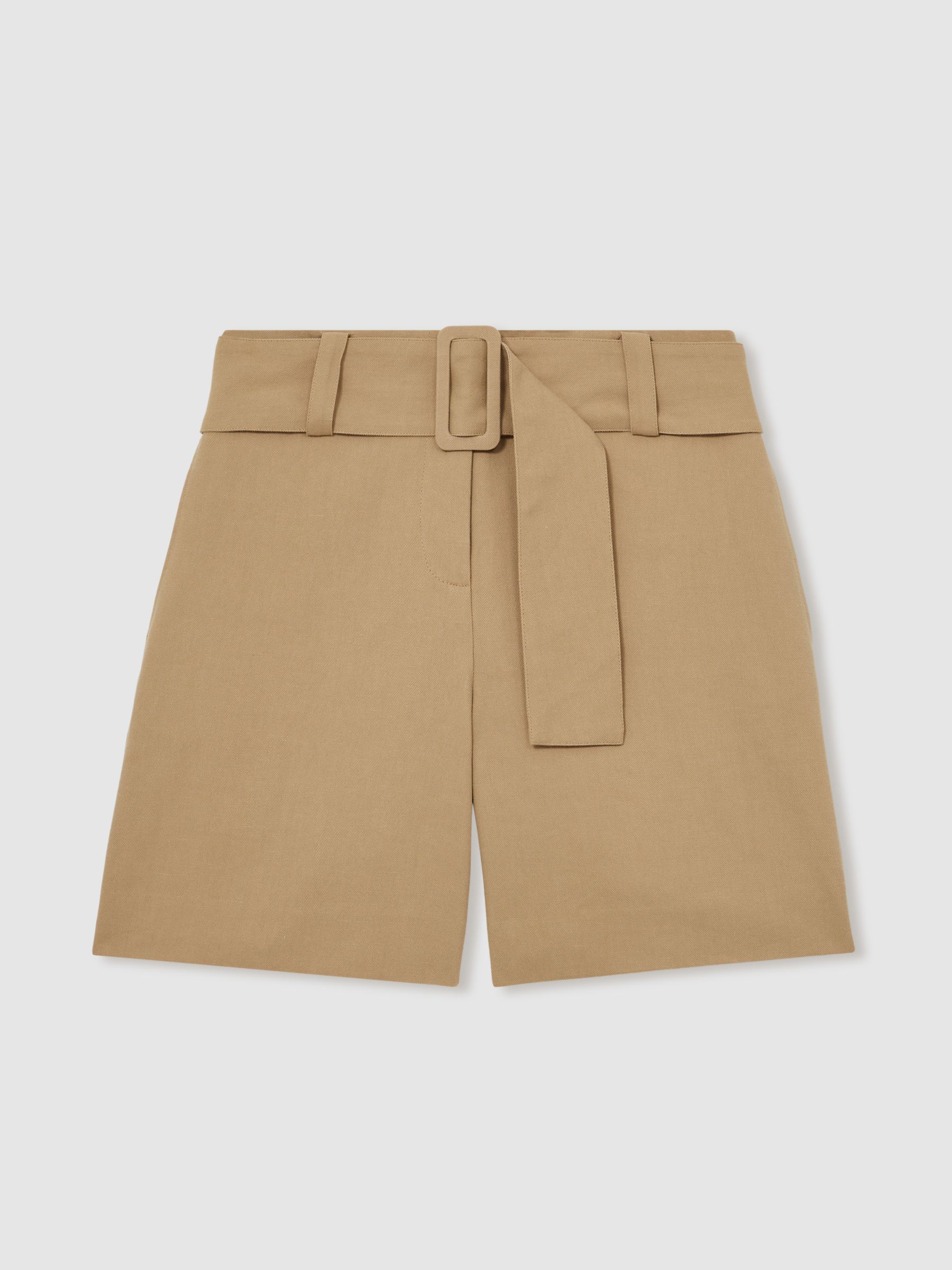 Cotton-Blend Belted Shorts With Linen in Camel - Image 2 of 7