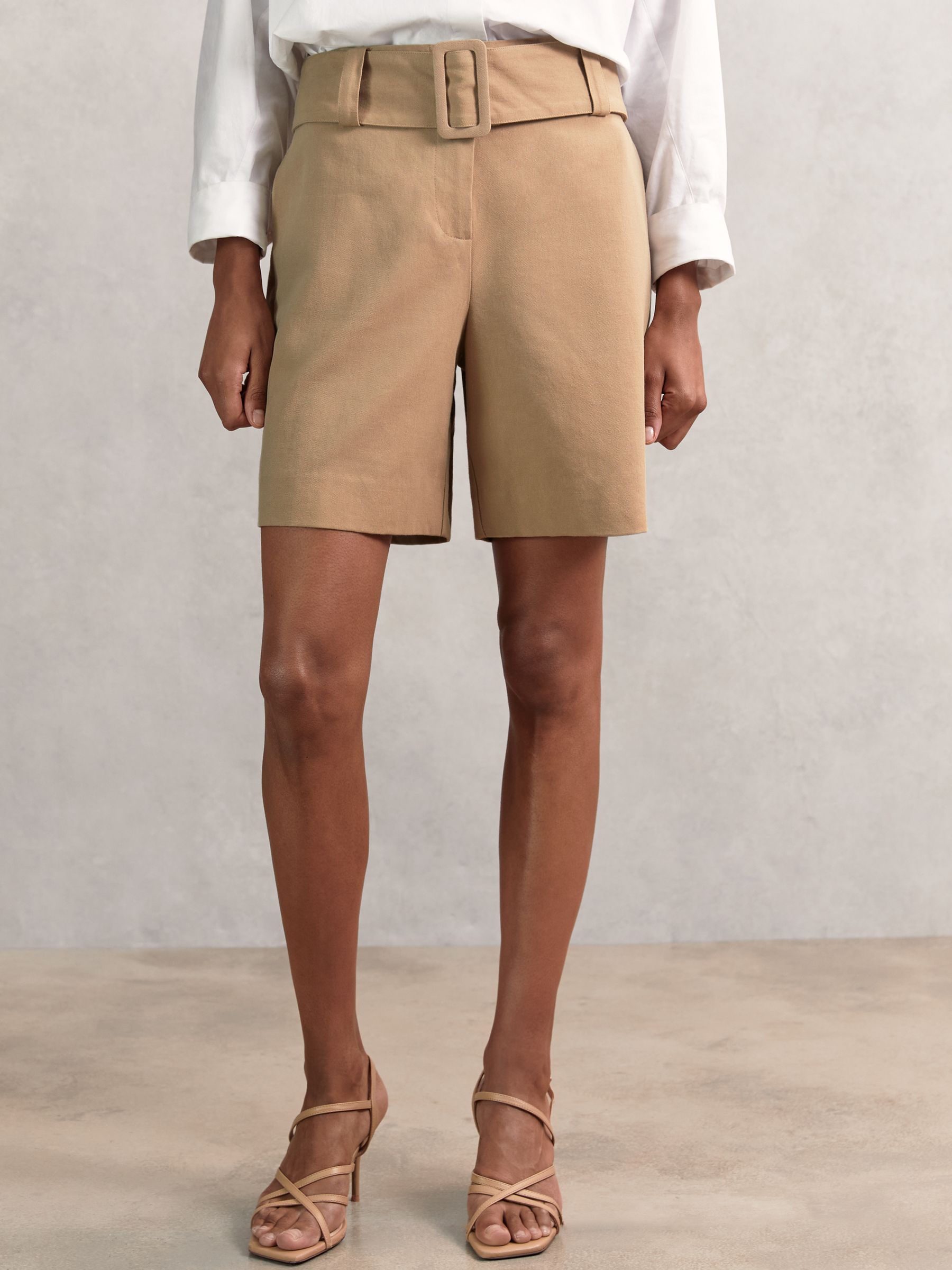 Cotton-Blend Belted Shorts With Linen in Camel - image 5