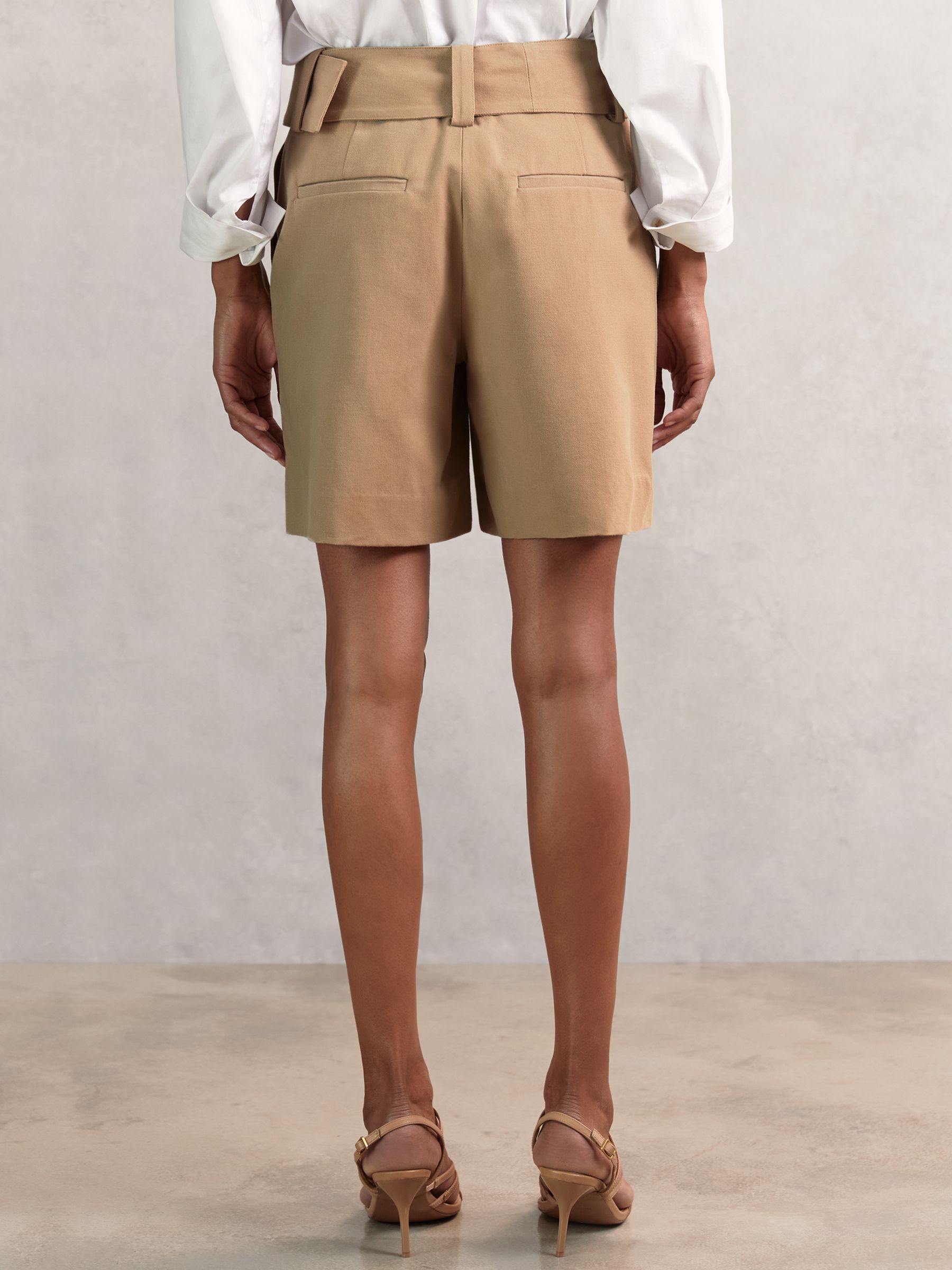 Cotton-Blend Belted Shorts With Linen in Camel - Image 6 of 7