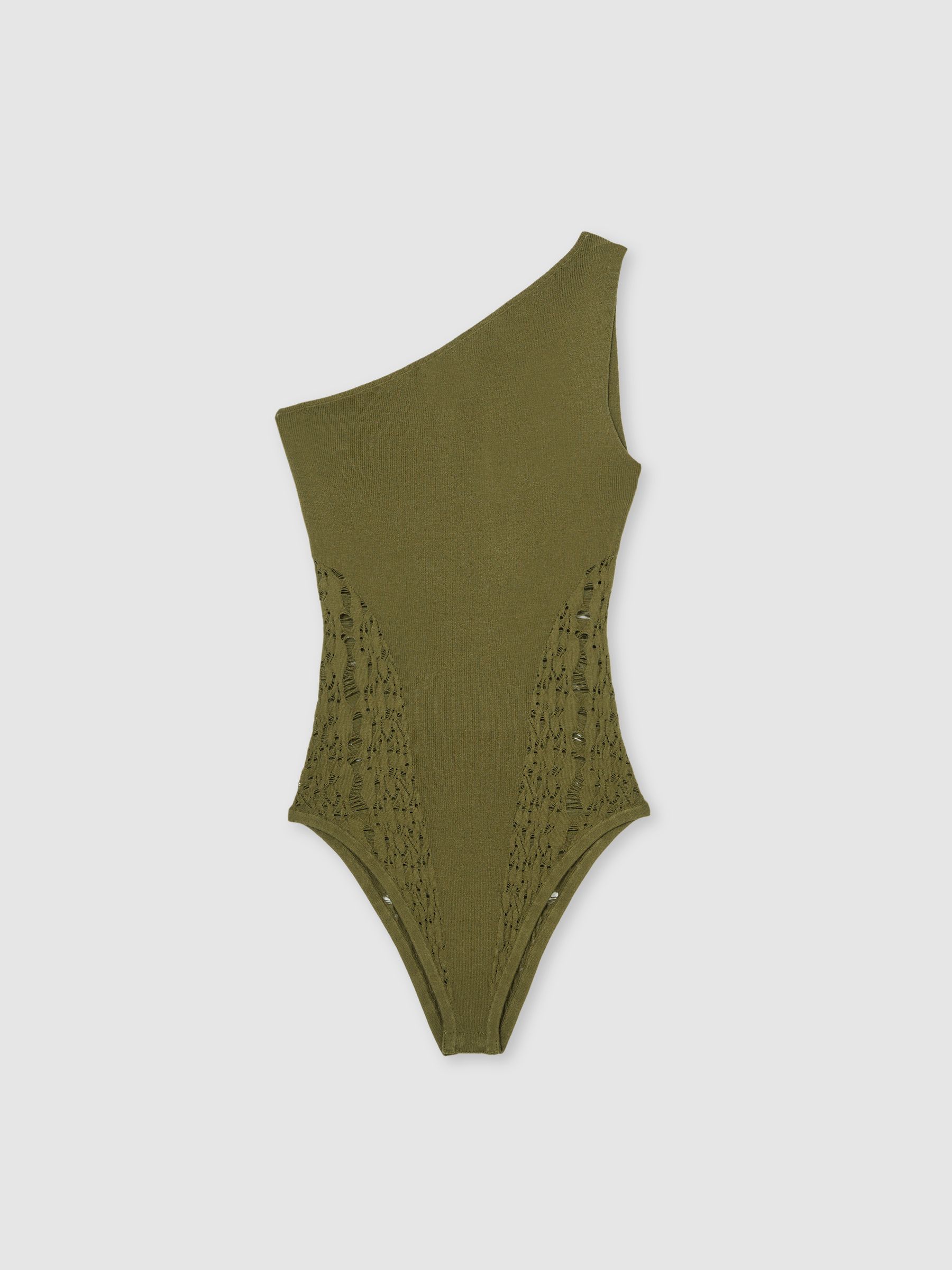 Lace-Knit Detail One-Shoulder Bodysuit in Green - Image 2 of 6