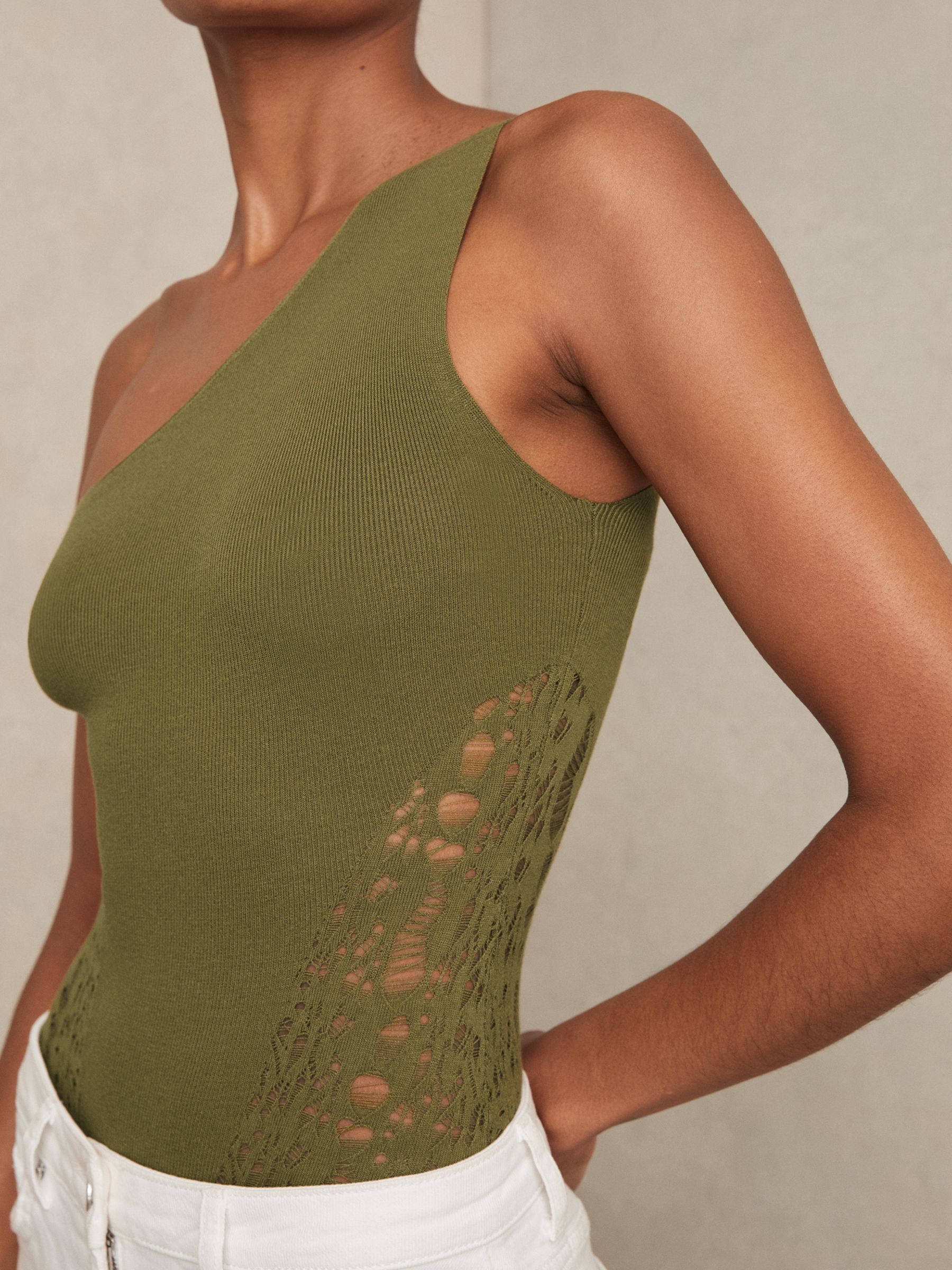 Lace-Knit Detail One-Shoulder Bodysuit in Green - Image 3 of 6