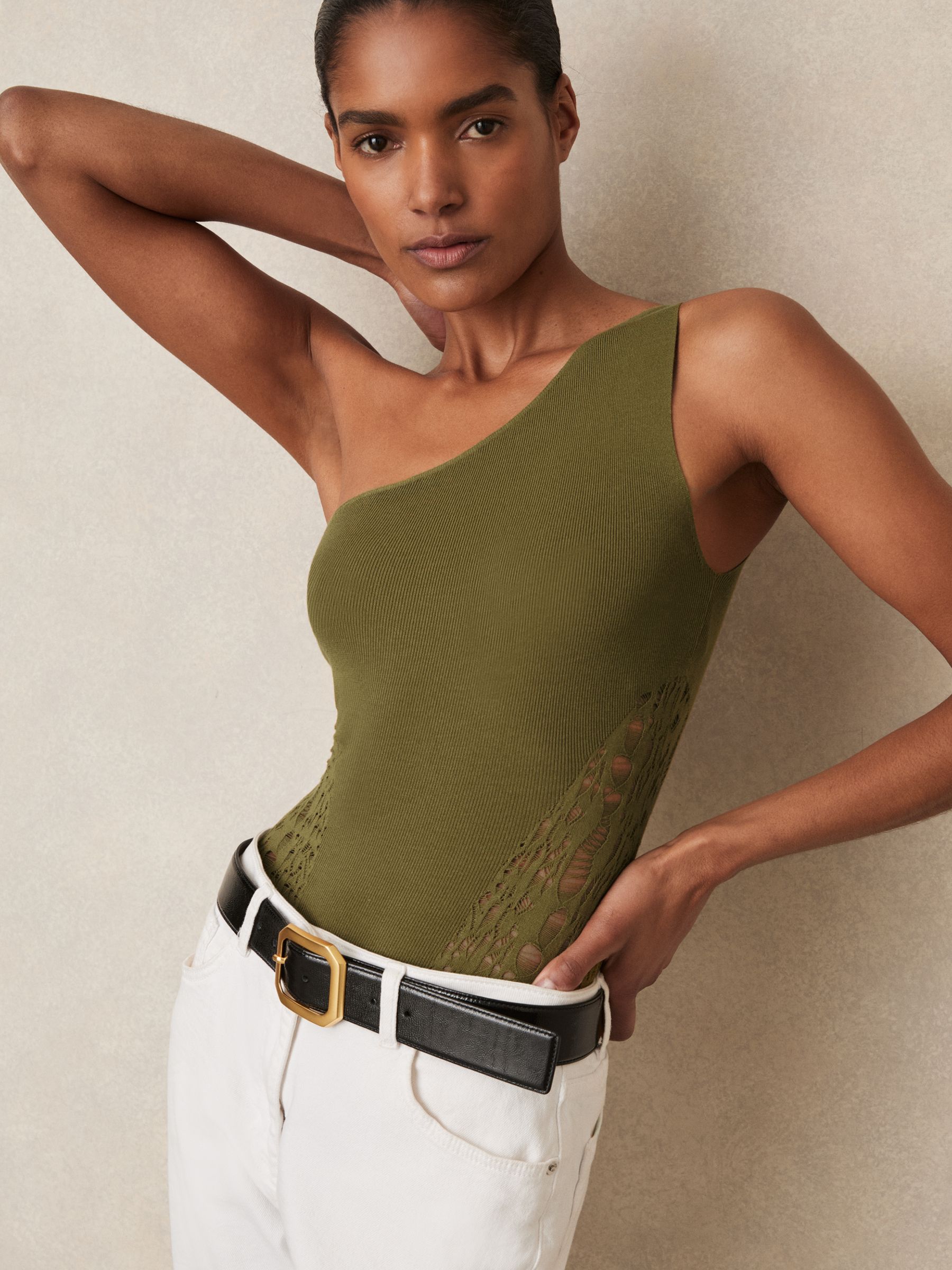 Lace-Knit Detail One-Shoulder Bodysuit in Green - Image 4 of 6