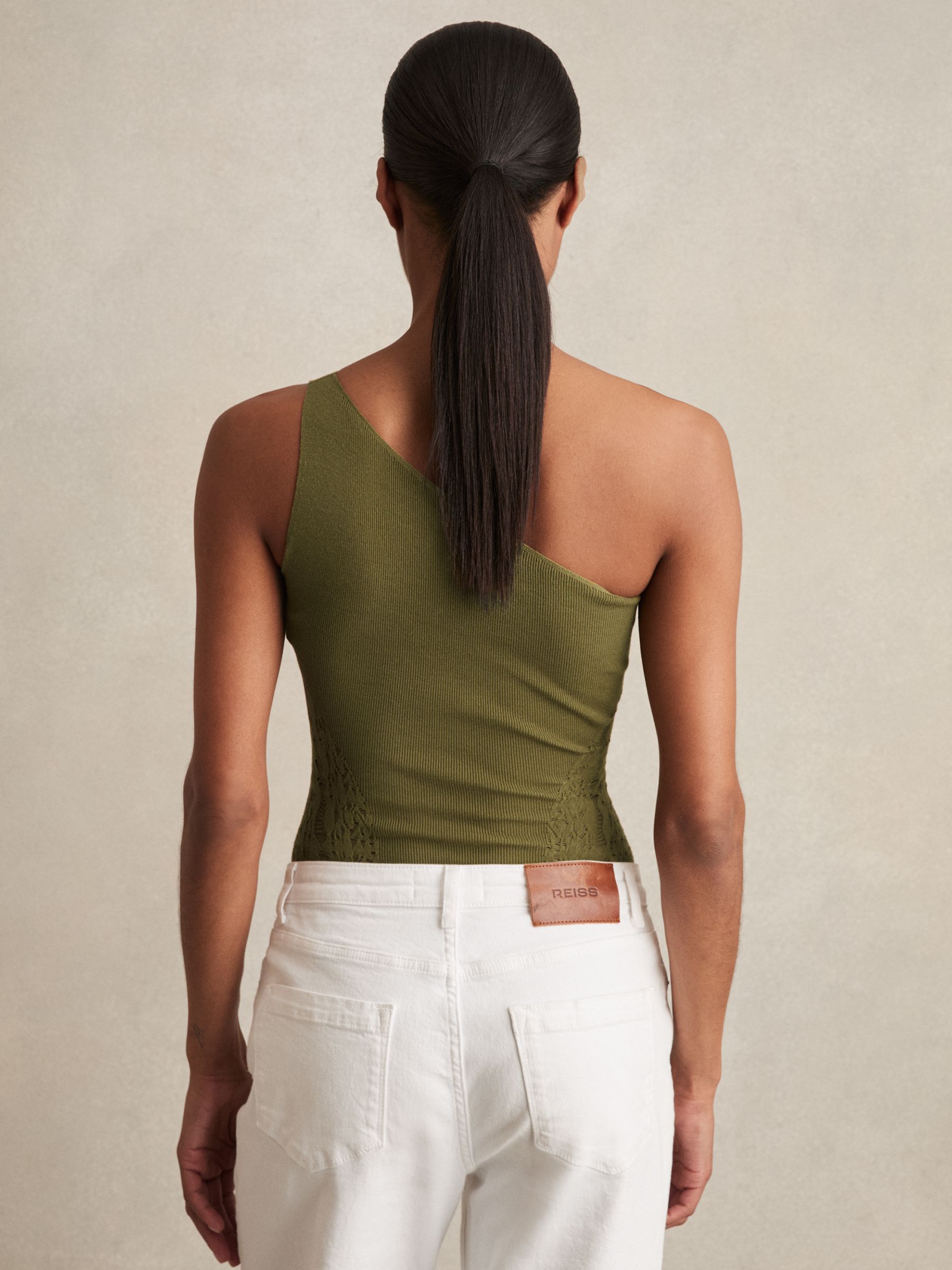 Lace-Knit Detail One-Shoulder Bodysuit in Green - image 5