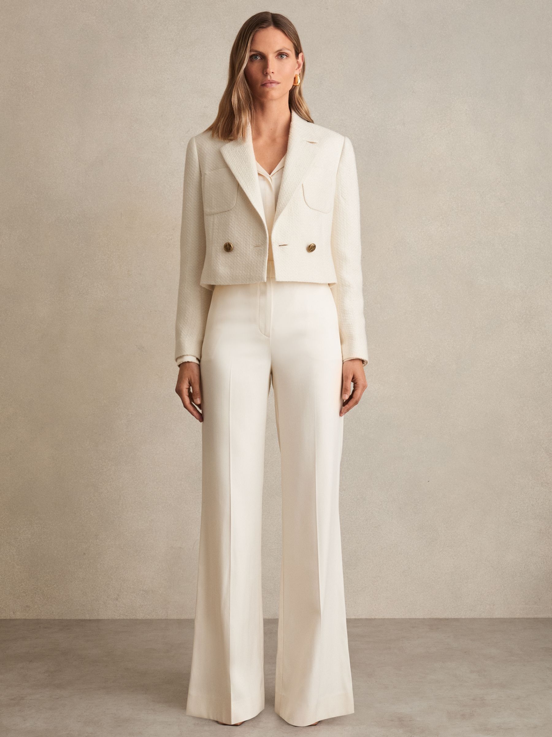 Reiss Double-Breasted Textured Cropped Blazer with Wool and