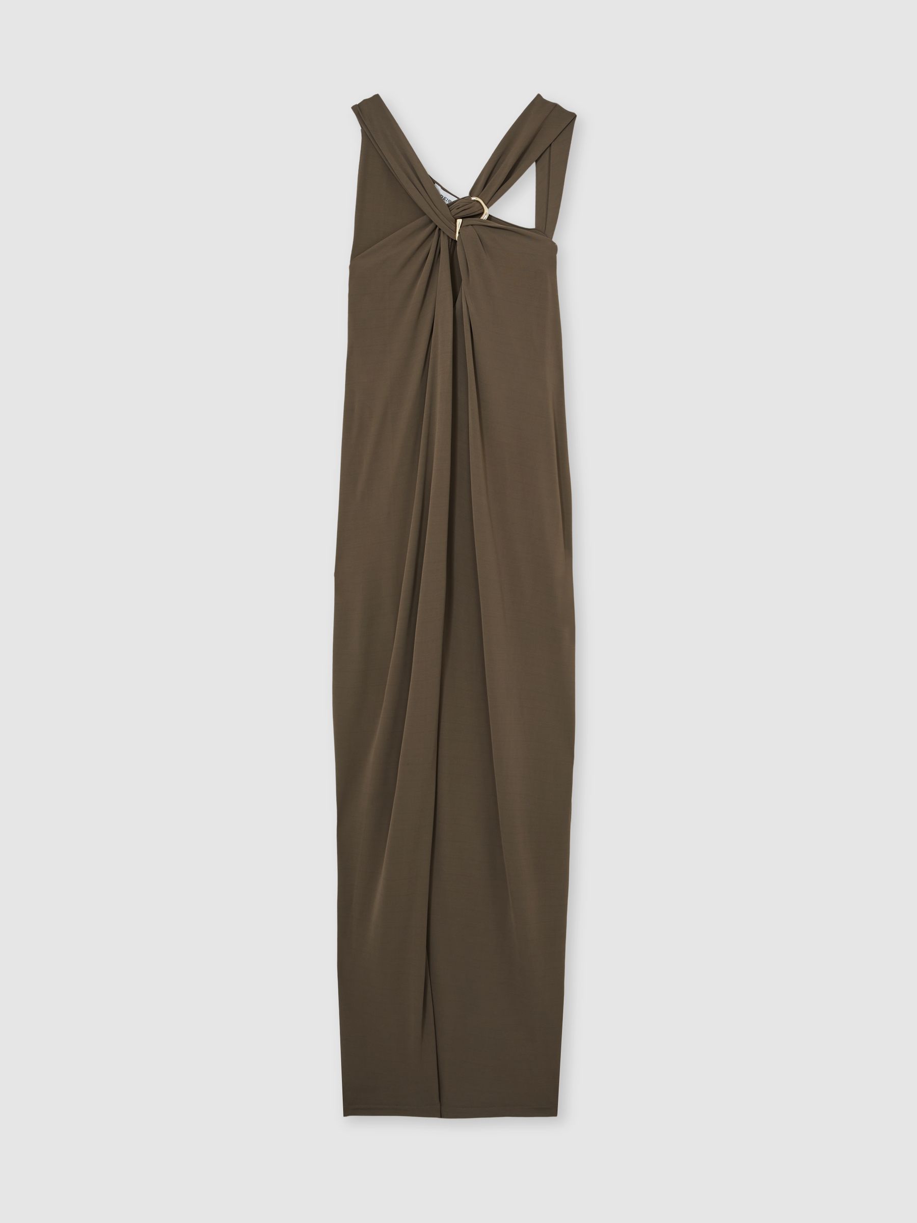 Gathered Neck Jersey Midi Dress in Mocha - Image 2 of 7