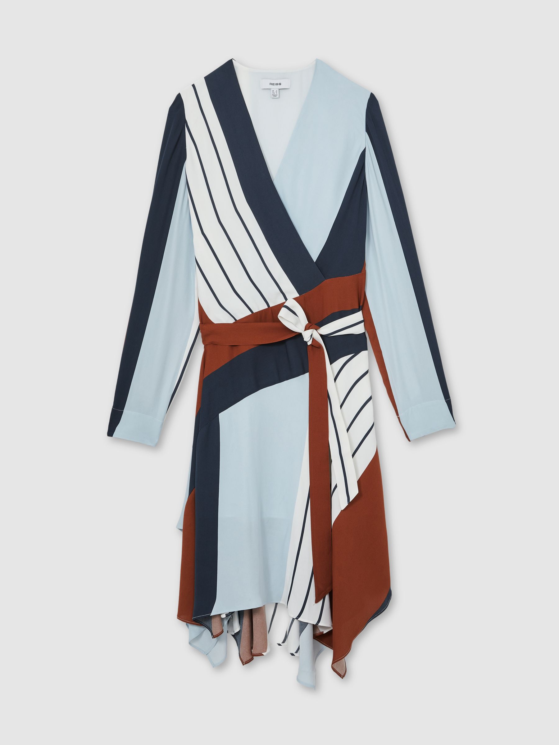 Stripe-Print Wrap Dress in Navy/Brown - Image 2 of 6