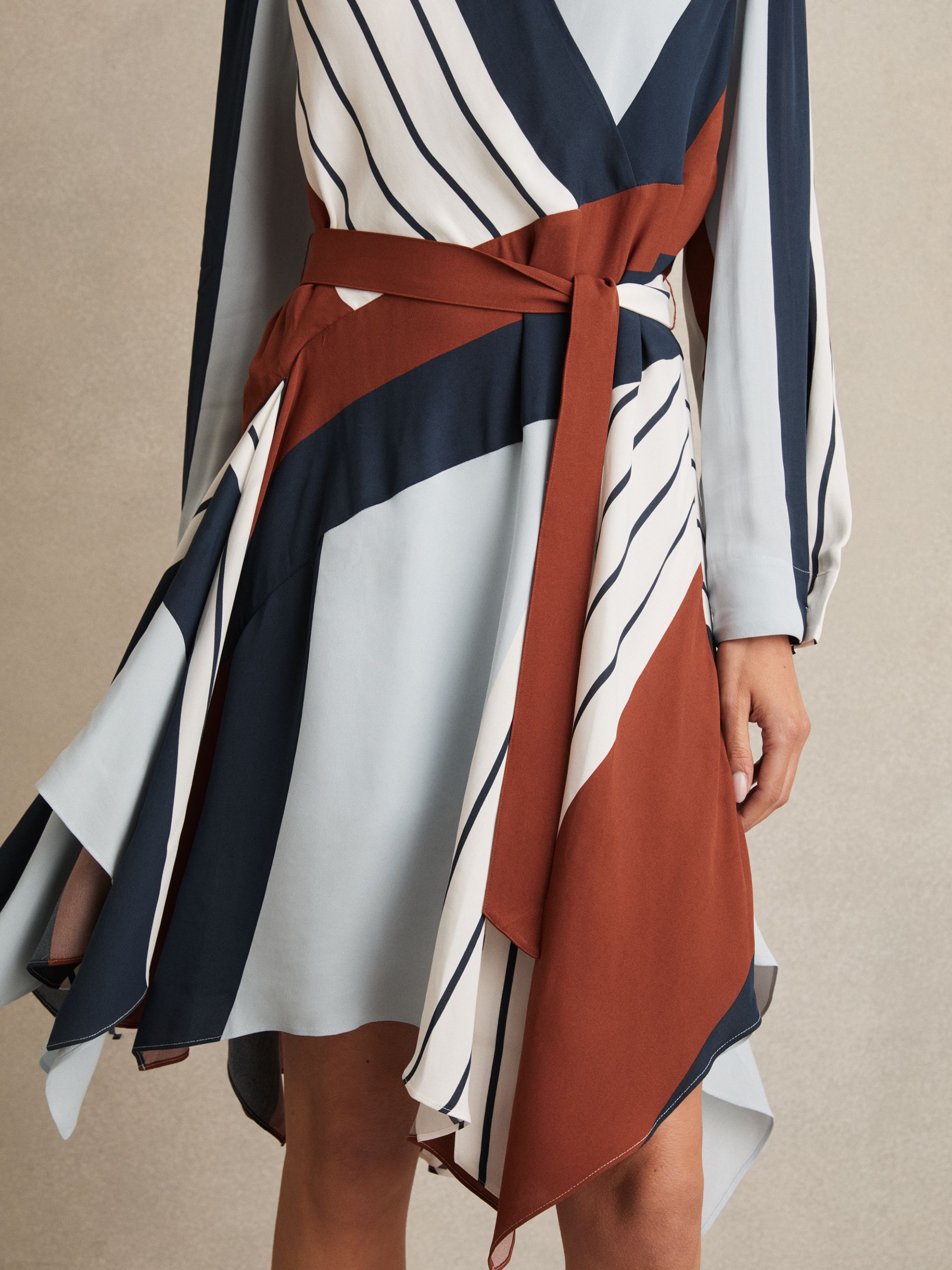 Stripe-Print Wrap Dress in Navy/Brown - Image 3 of 6