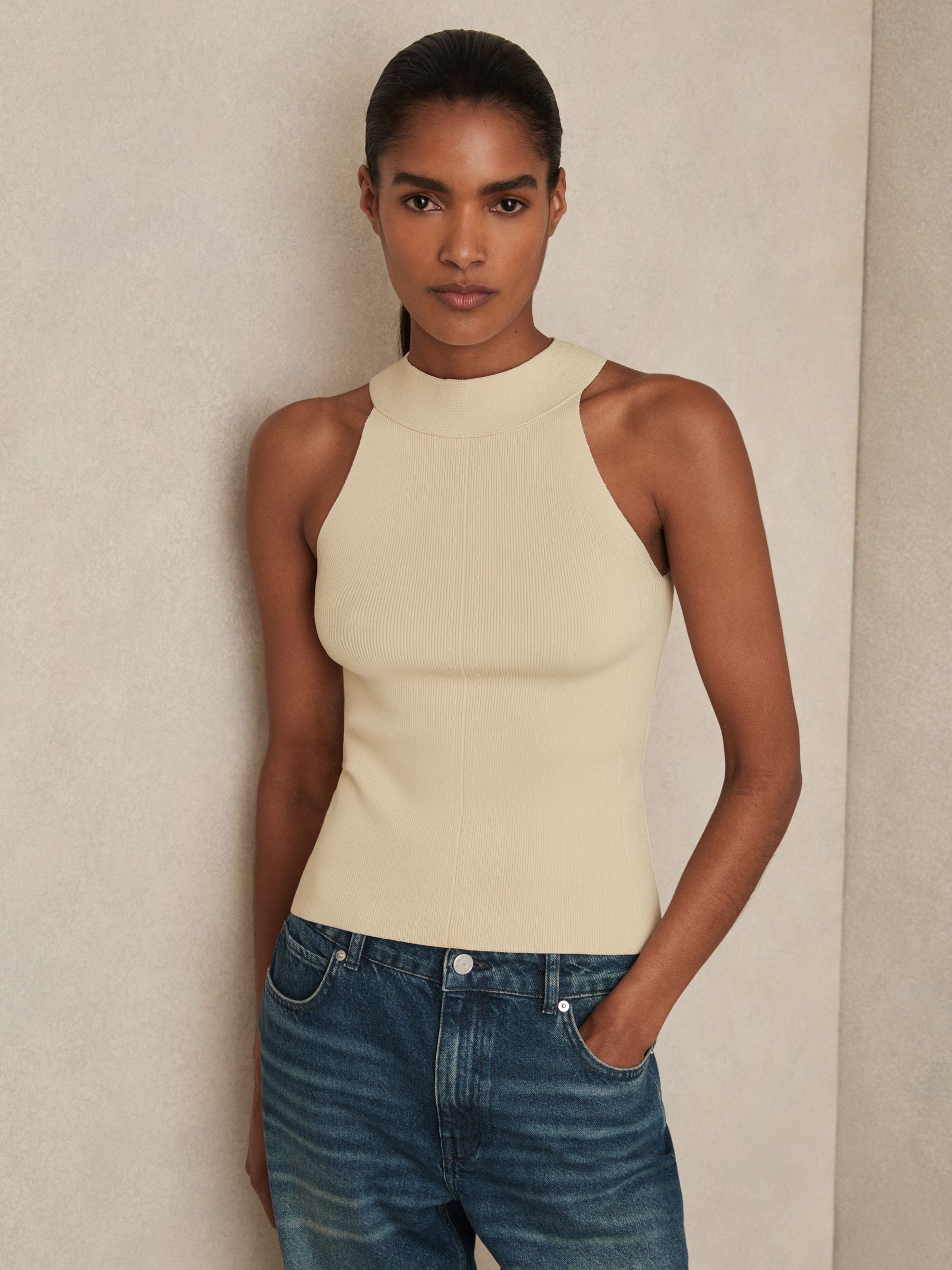 Rib Knit High Neck Vest in Ivory - Image 1 of 6 Rib Knit High Neck Vest in Ivory - Image 1 of 6