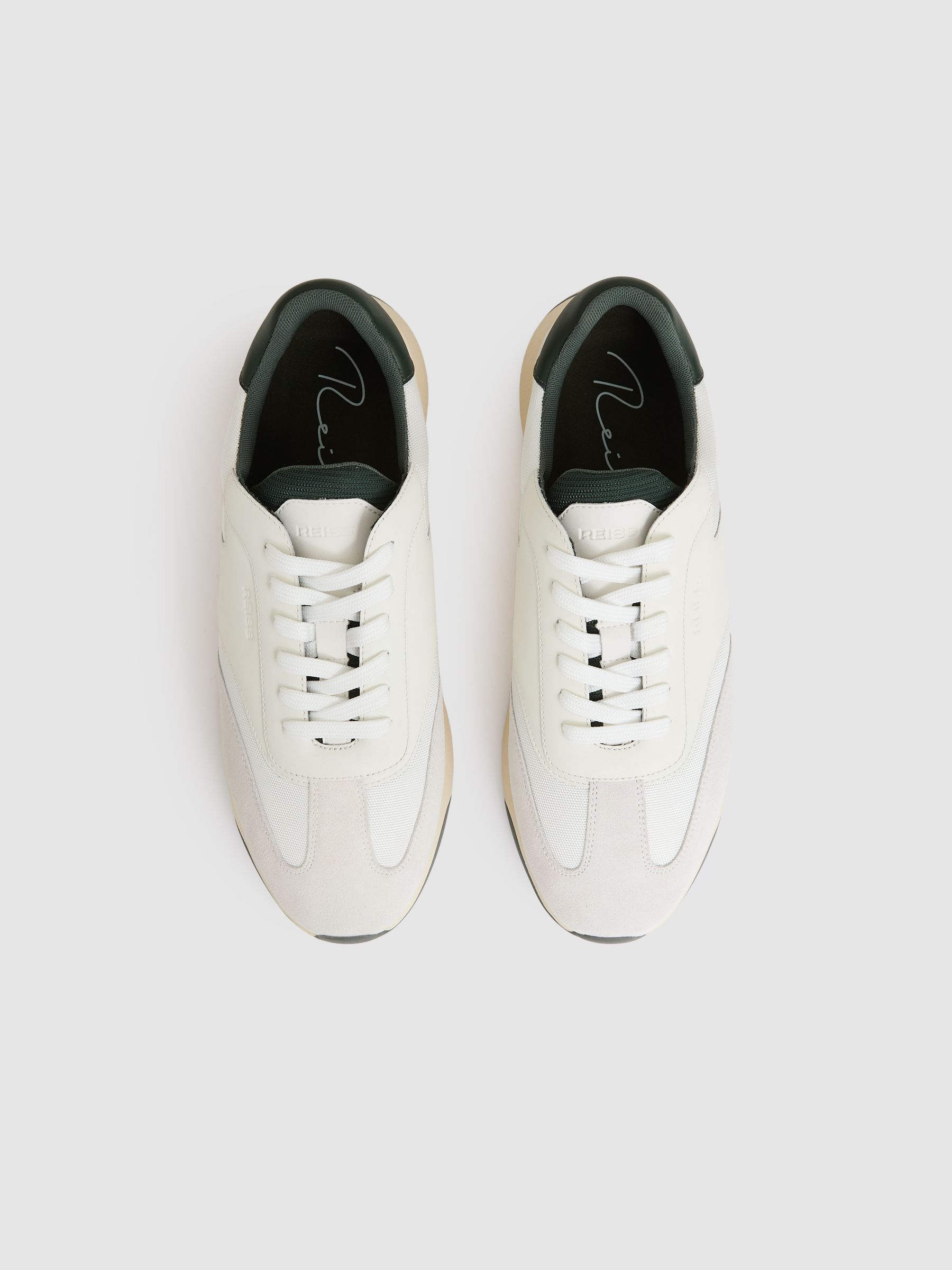 Leather Suede Running Trainers in Off White/Green - Image 2 of 4