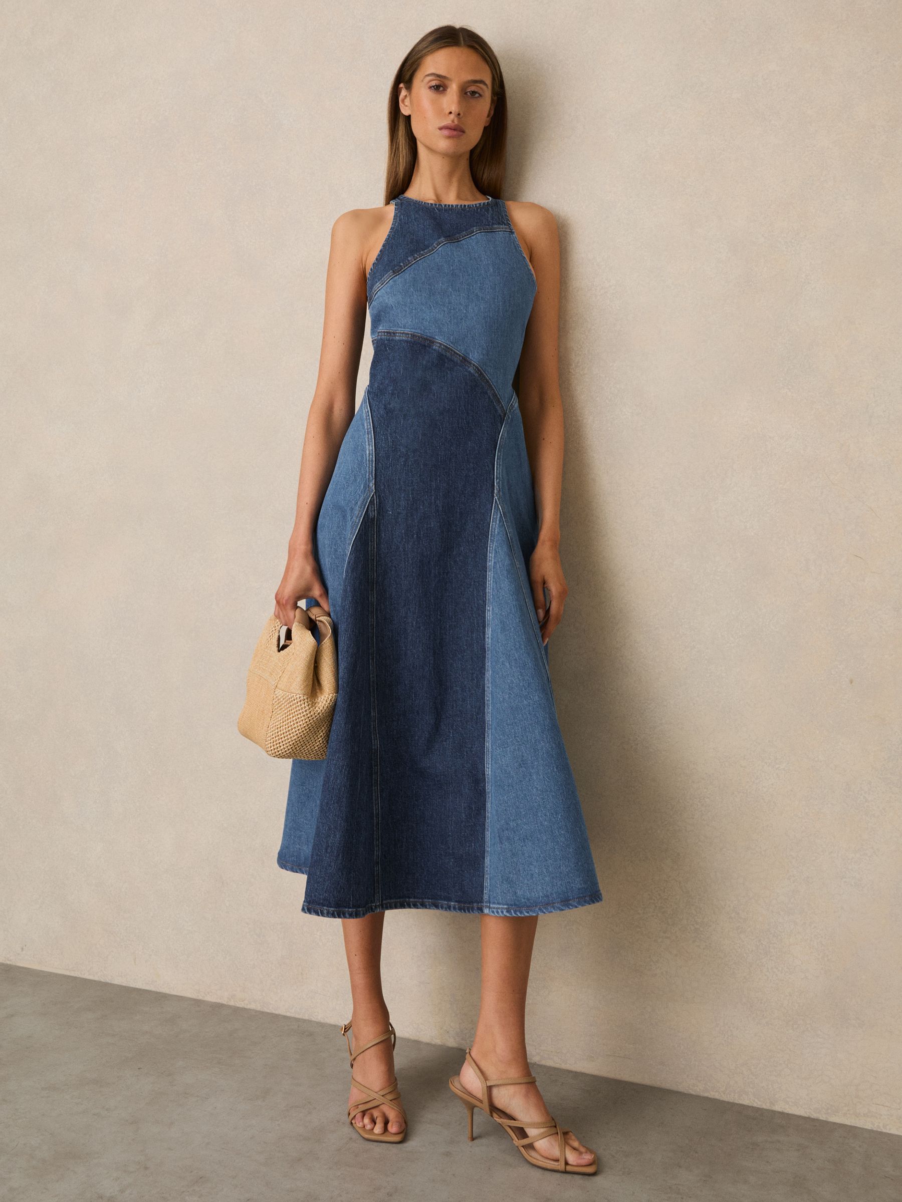 Patchwork Chambray Midi Dress in Blue - Image 1 of 6