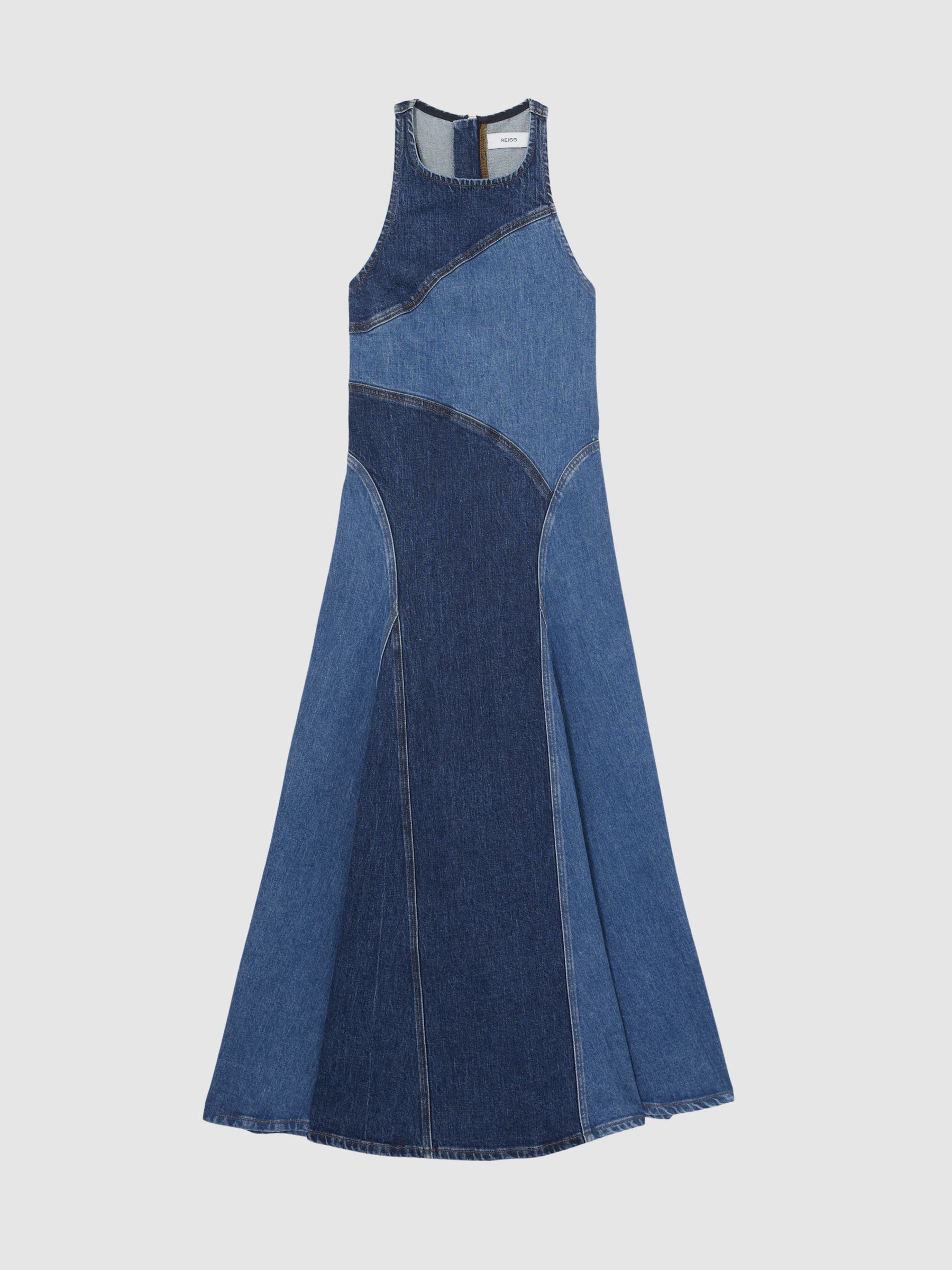 Patchwork Chambray Midi Dress in Blue - Image 2 of 6