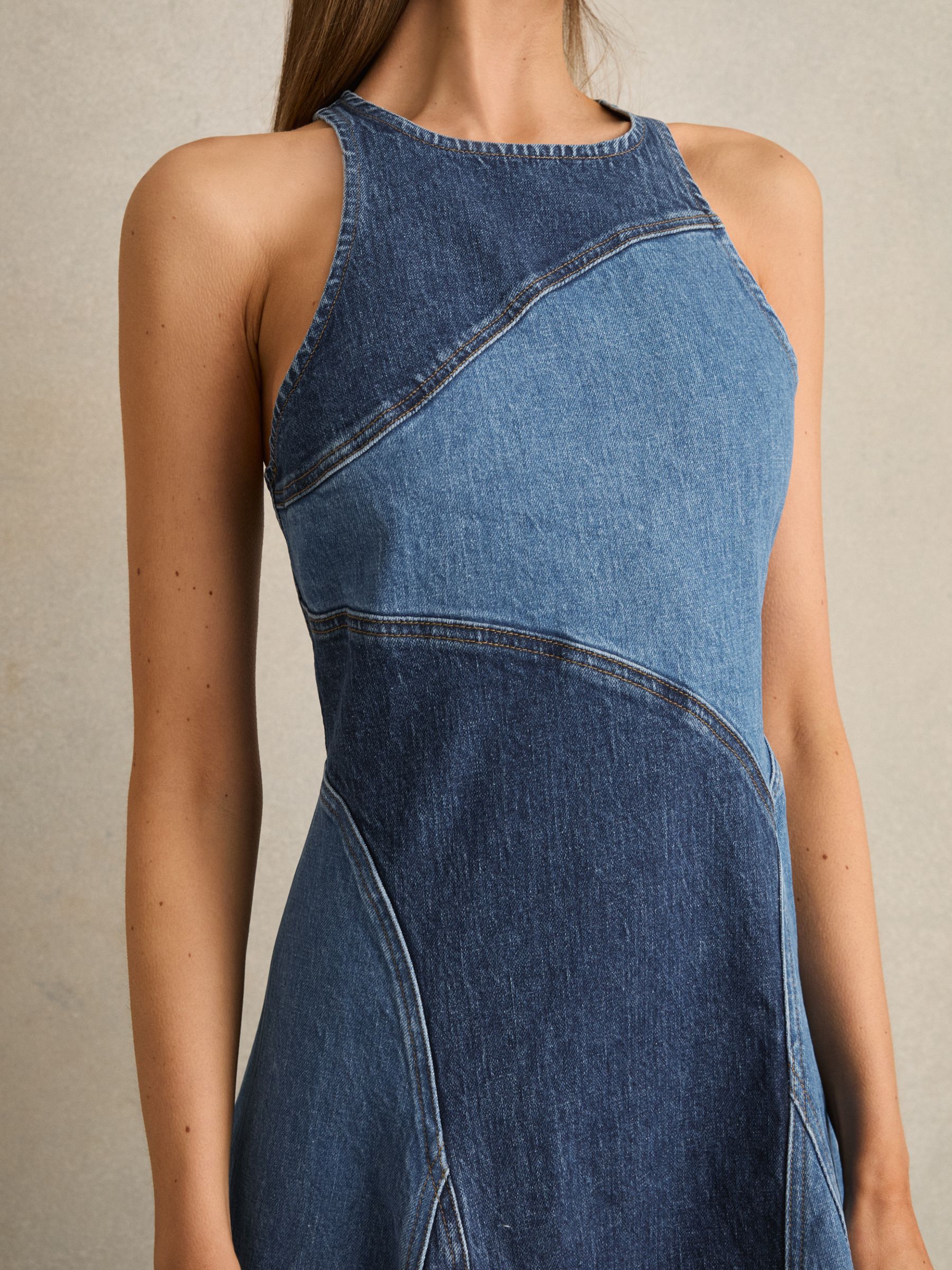 Patchwork Chambray Midi Dress in Blue - Image 3 of 6