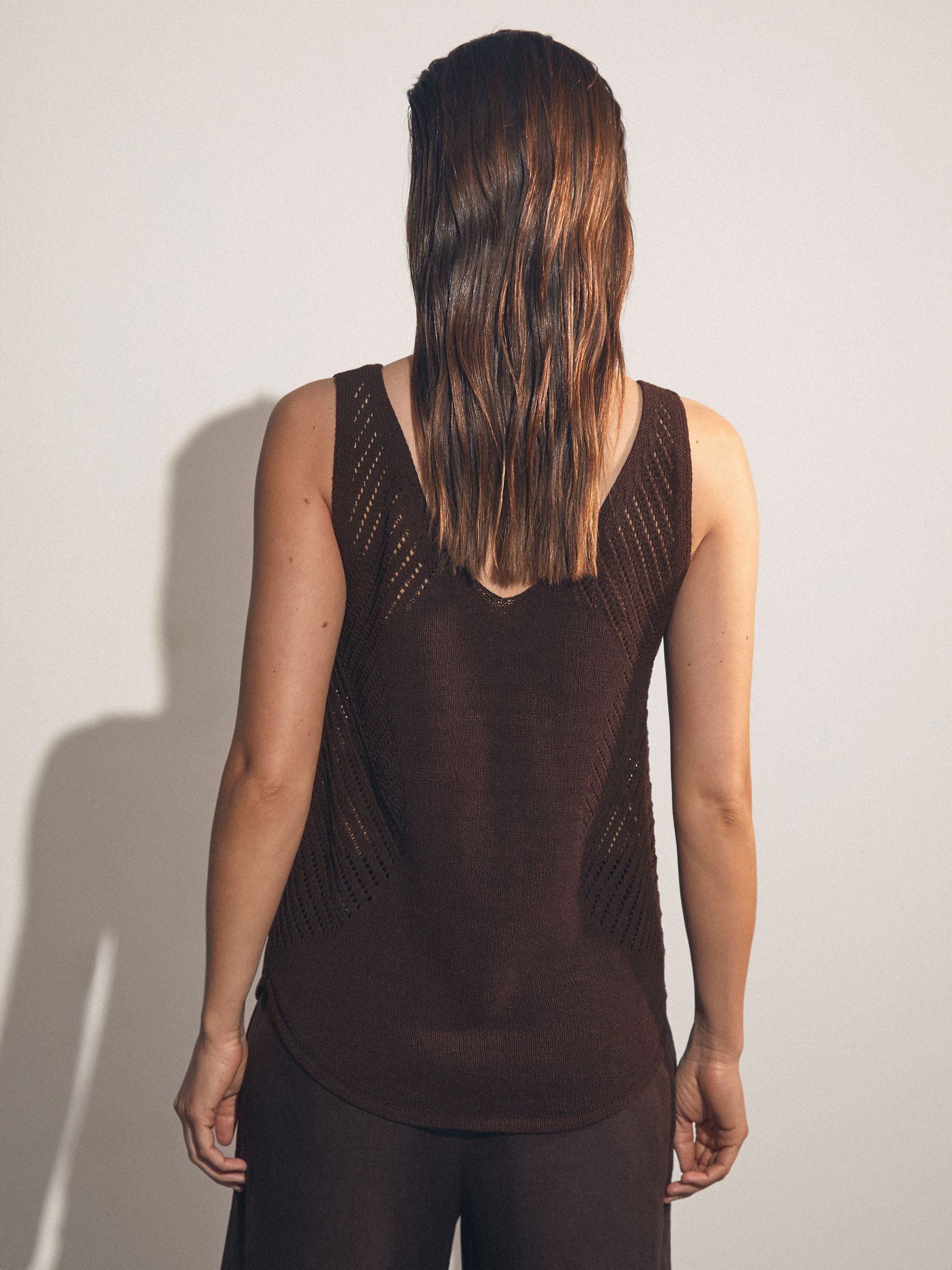 Cotton Blend Open Knit Vest in Chocolate Brown - image 3