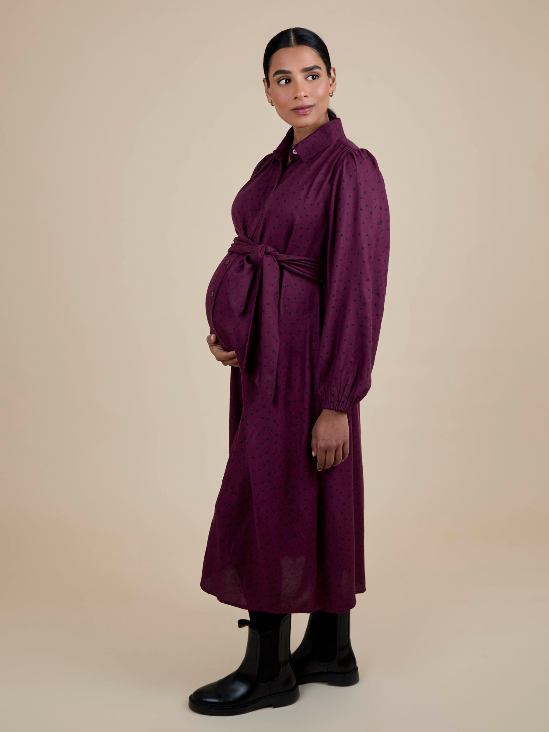 Red Spot Maternity Midi Shirt Dress With Tie - Image 2 of 5
