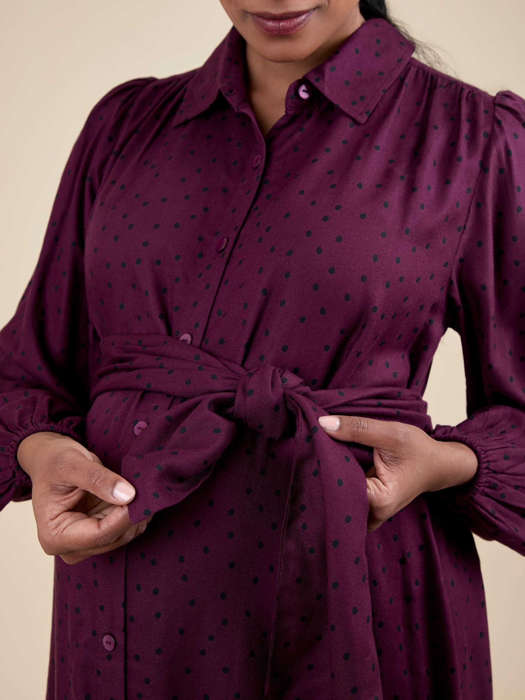 Red Spot Maternity Midi Shirt Dress With Tie - Image 4 of 5