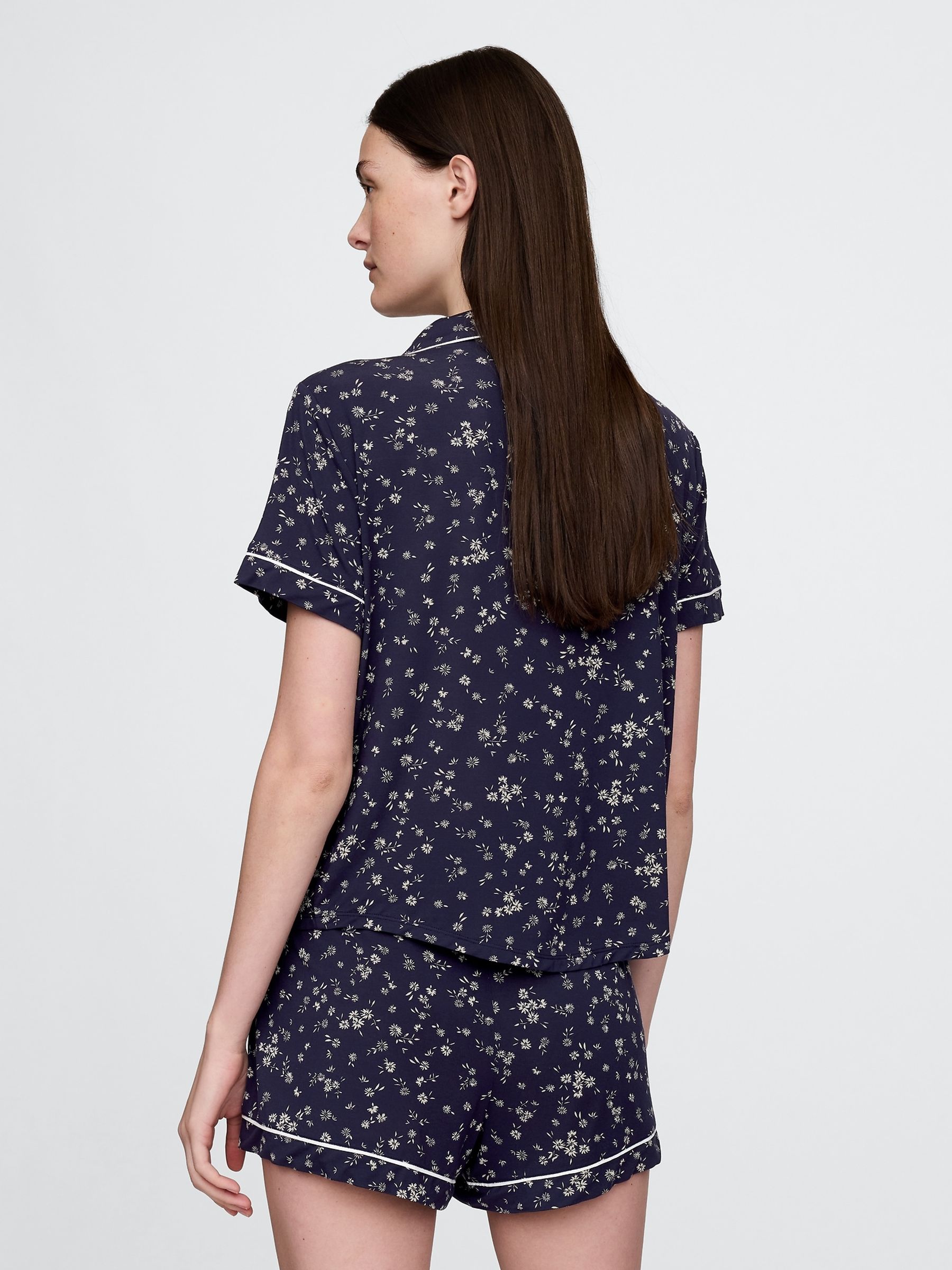 Navy Blue Floral Modal Short Sleeve Pyjama Top - Image 2 of 4