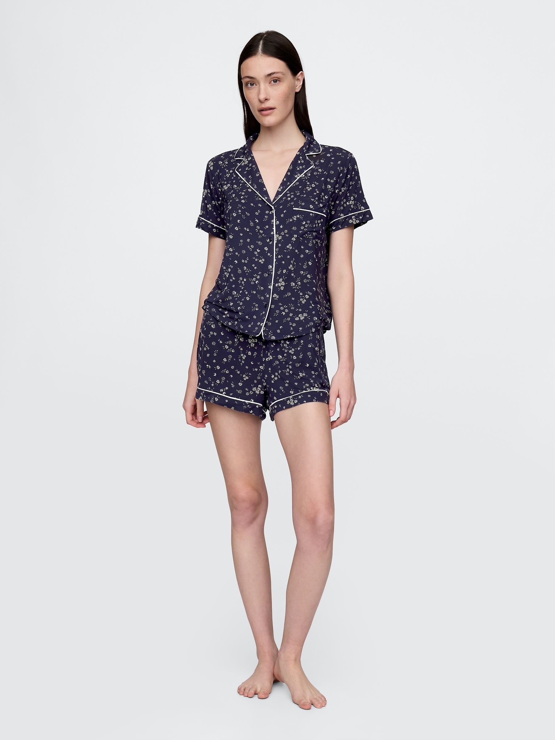 Navy Blue Floral Modal Short Sleeve Pyjama Top - Image 3 of 4