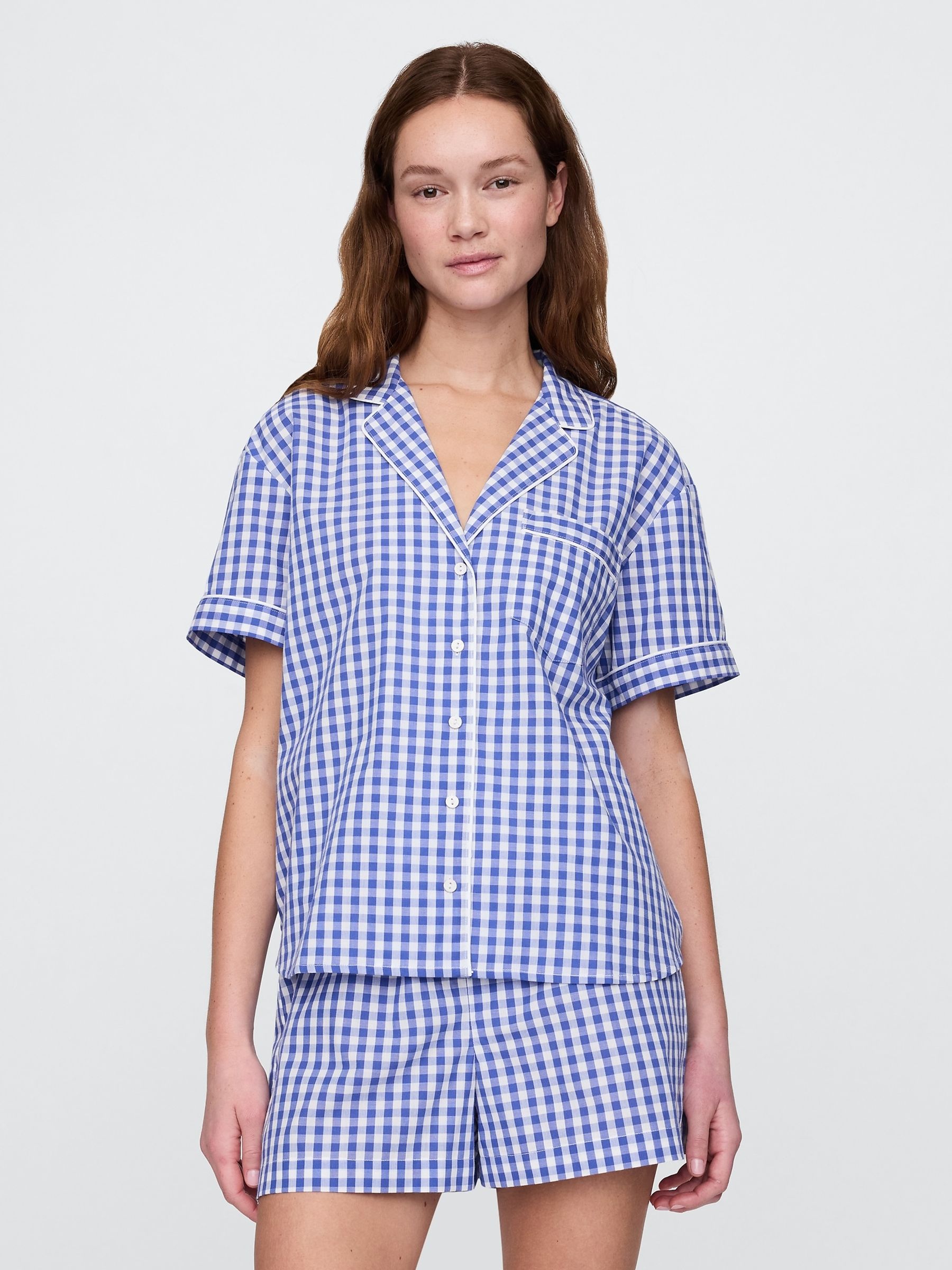 Blue Short Sleeve Short Sleeve Poplin Gingham Pyjama Shirt - Image 1 of 4