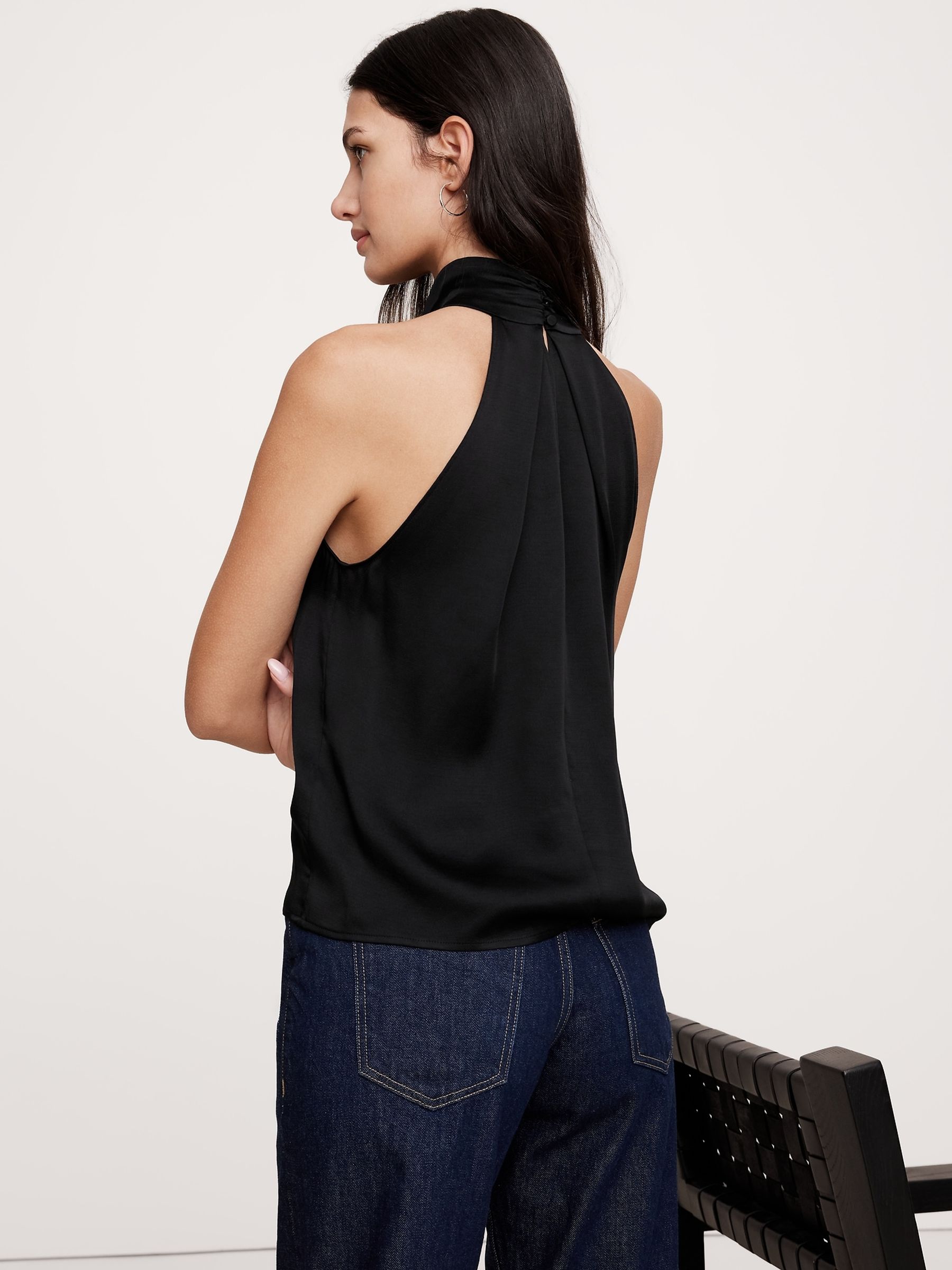 Banana Republic Black Hammered Satin Halter Button Down Top - Image 2 of 4