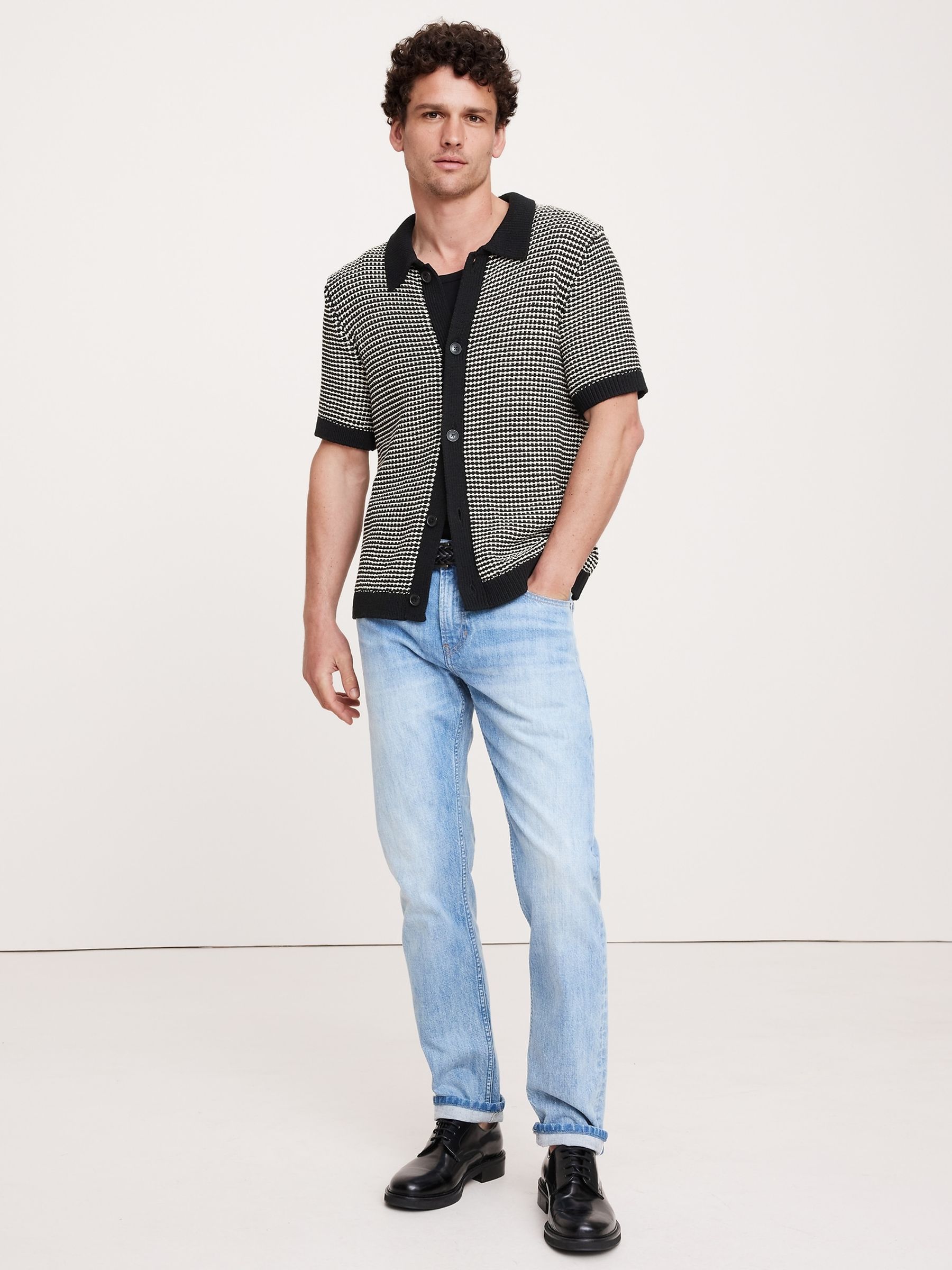 Banana Republic Black/White Waffle Knit Polo Shirt - Image 1 of 1