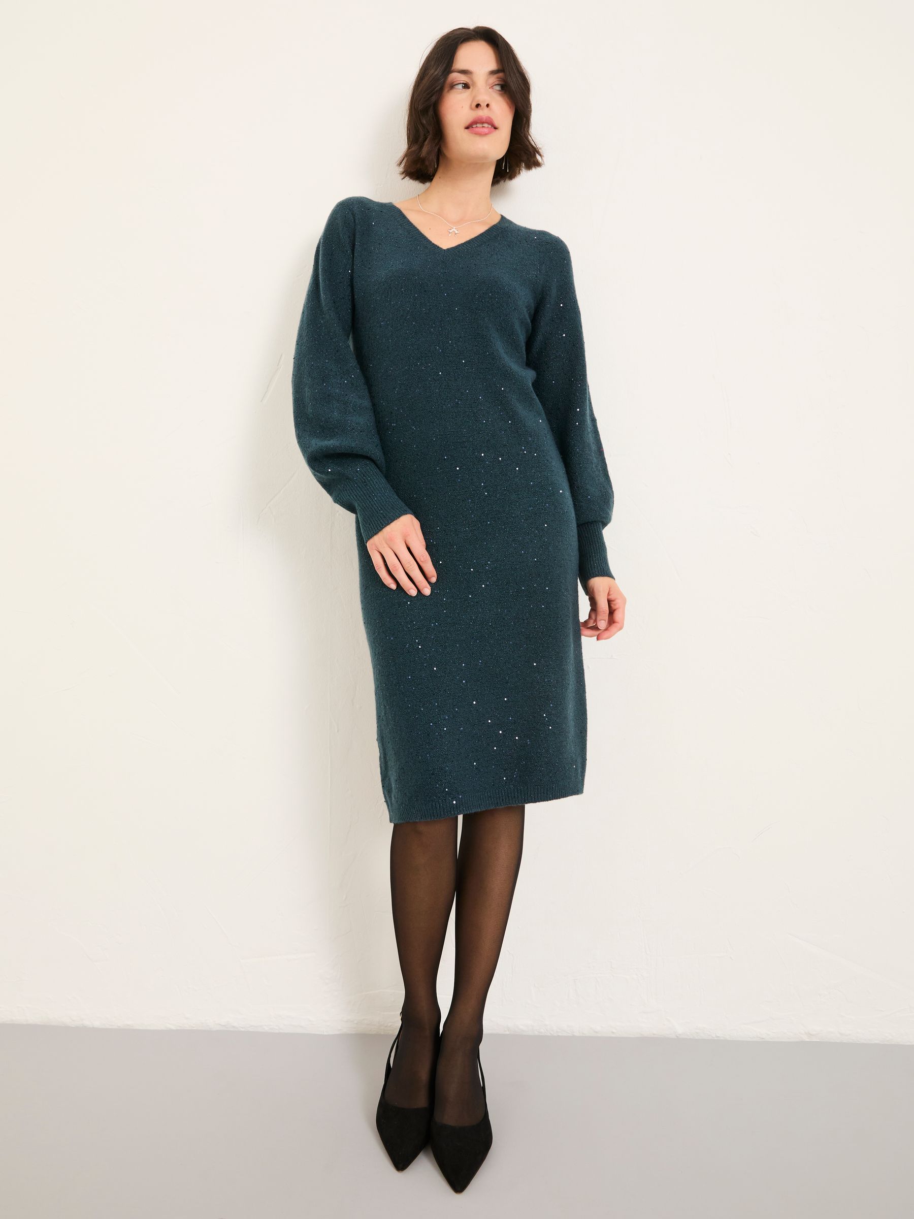 Teal Blue Petite Sparkle Knit Midi Dress - Image 1 of 6