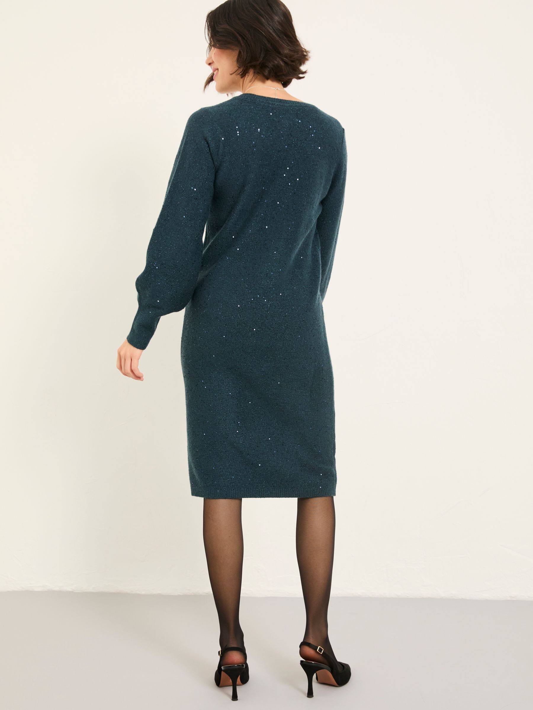 Teal Blue Petite Sparkle Knit Midi Dress - Image 2 of 6