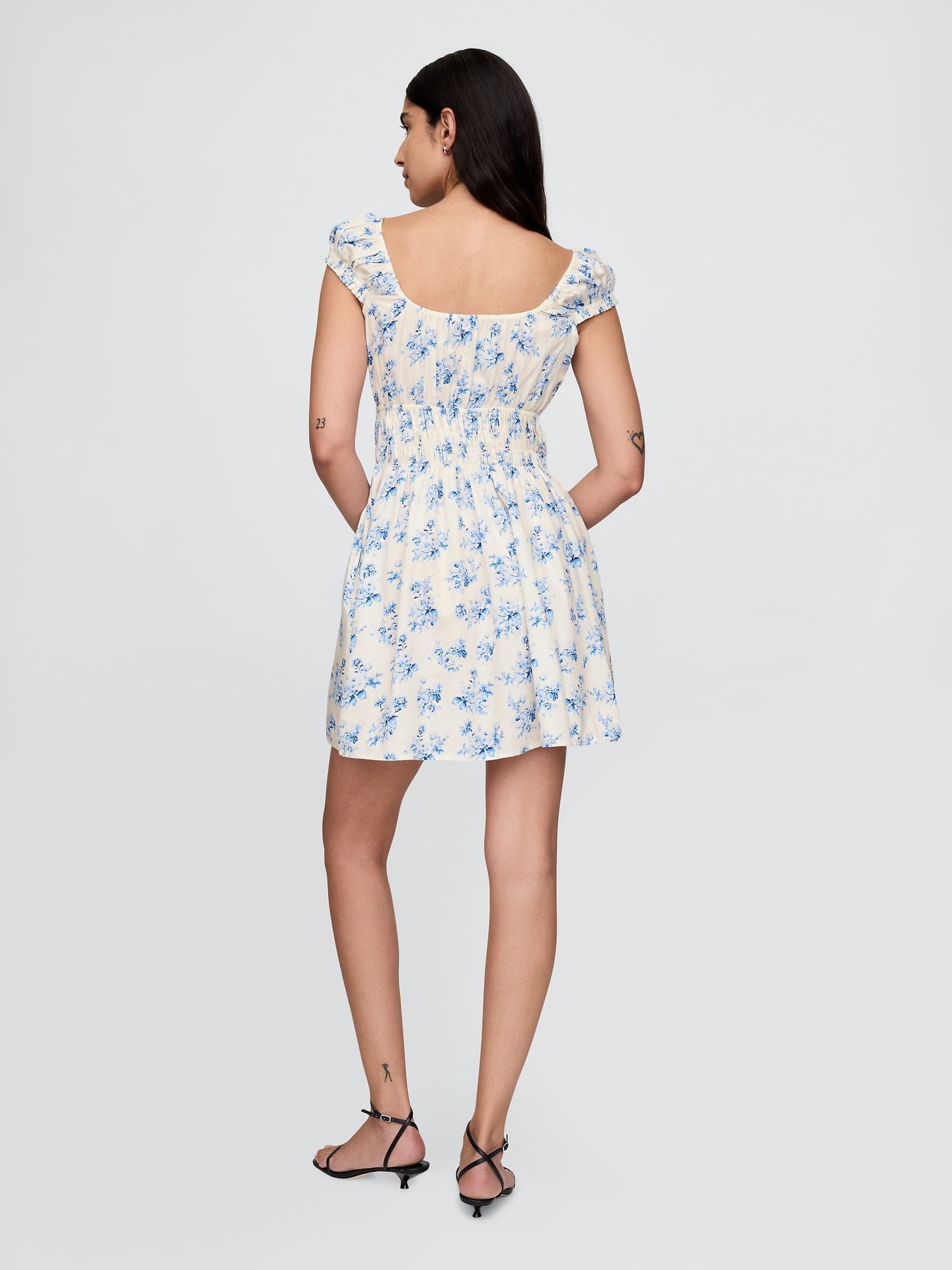 White & Blue Floral 100% Cotton Tie-Front Smocked Waist Mini Summer Dress - Image 2 of 7