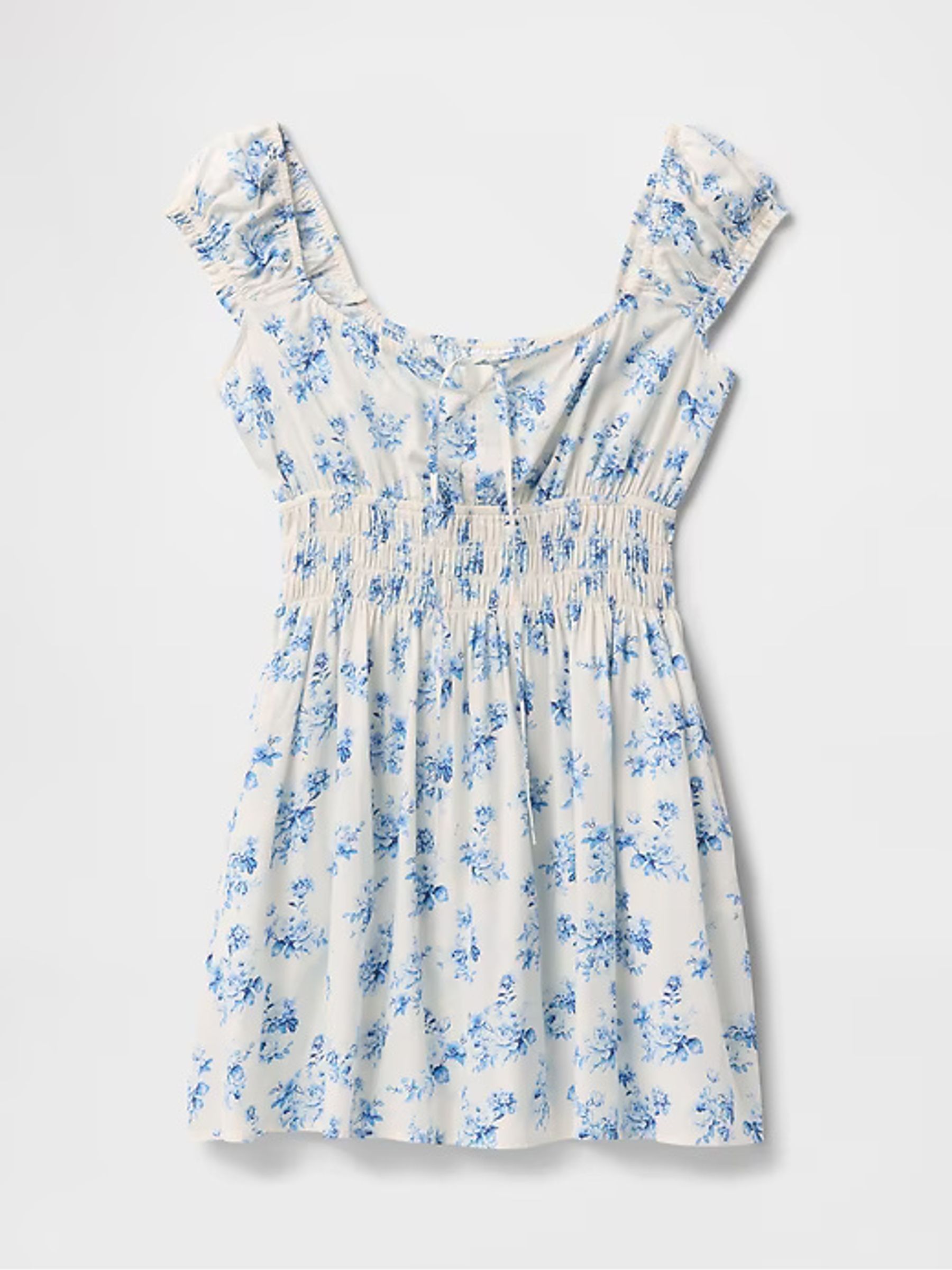 White & Blue Floral 100% Cotton Tie-Front Smocked Waist Mini Summer Dress - Image 6 of 7