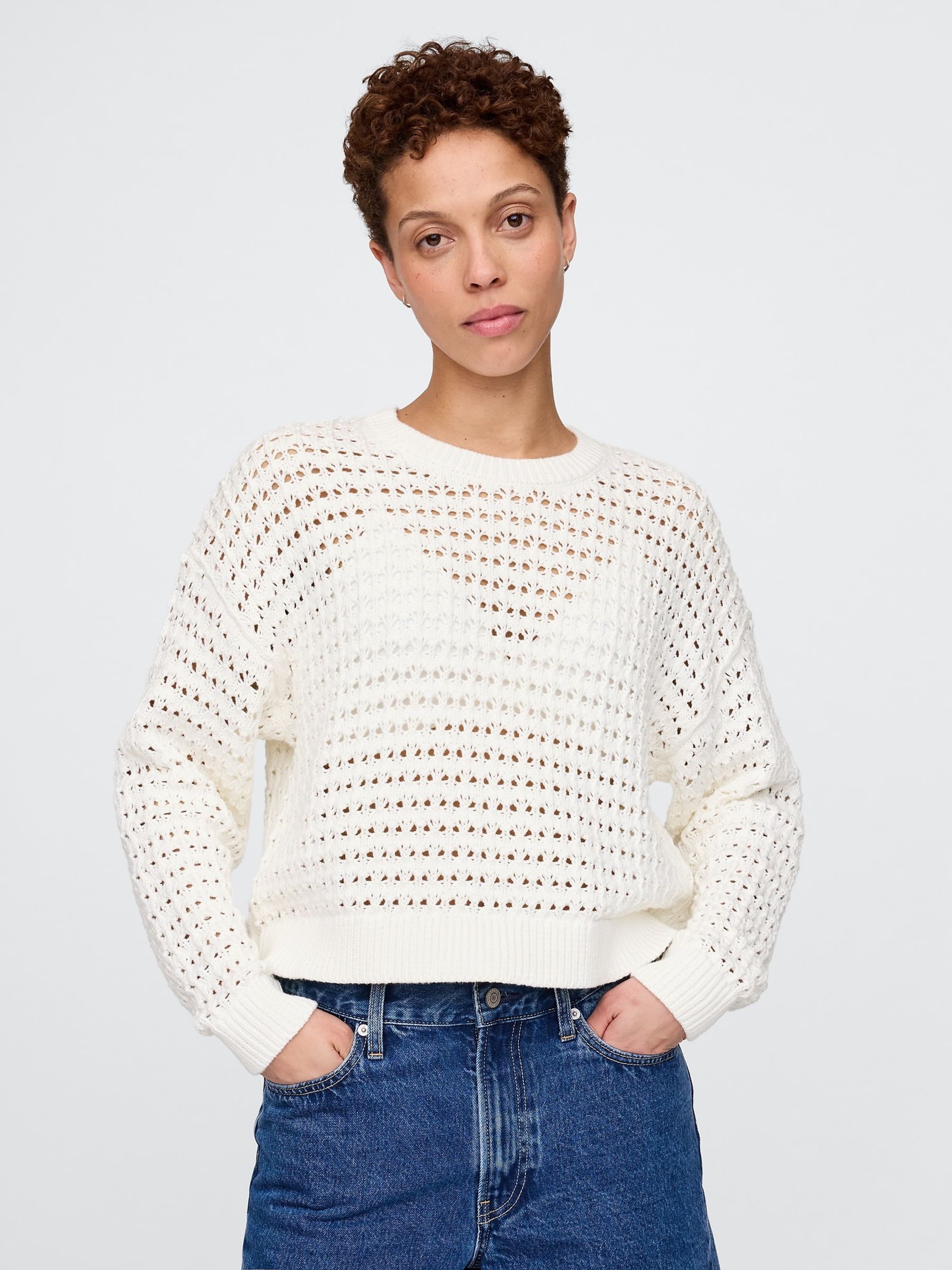 White 100% Cotton Oversized Crochet Crew Neck Jumper - Image 1 of 5