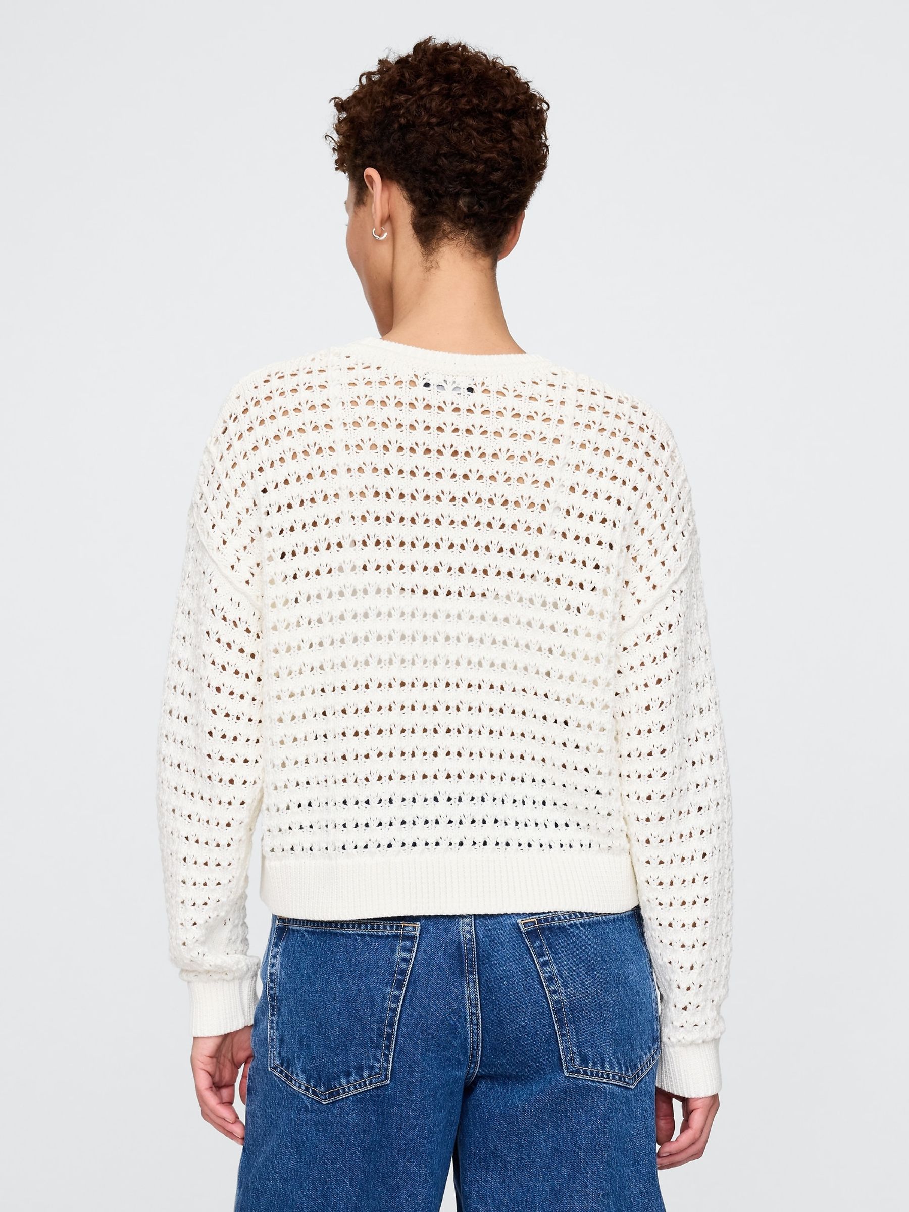 White 100% Cotton Oversized Crochet Crew Neck Jumper - Image 2 of 5