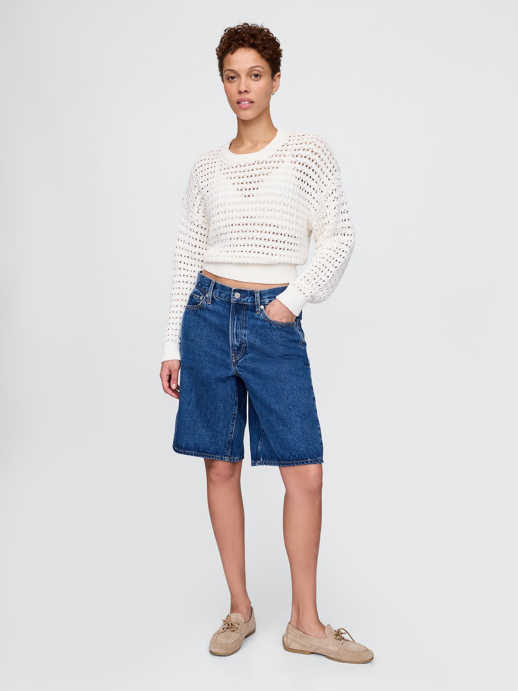 White 100% Cotton Oversized Crochet Crew Neck Jumper - Image 3 of 5
