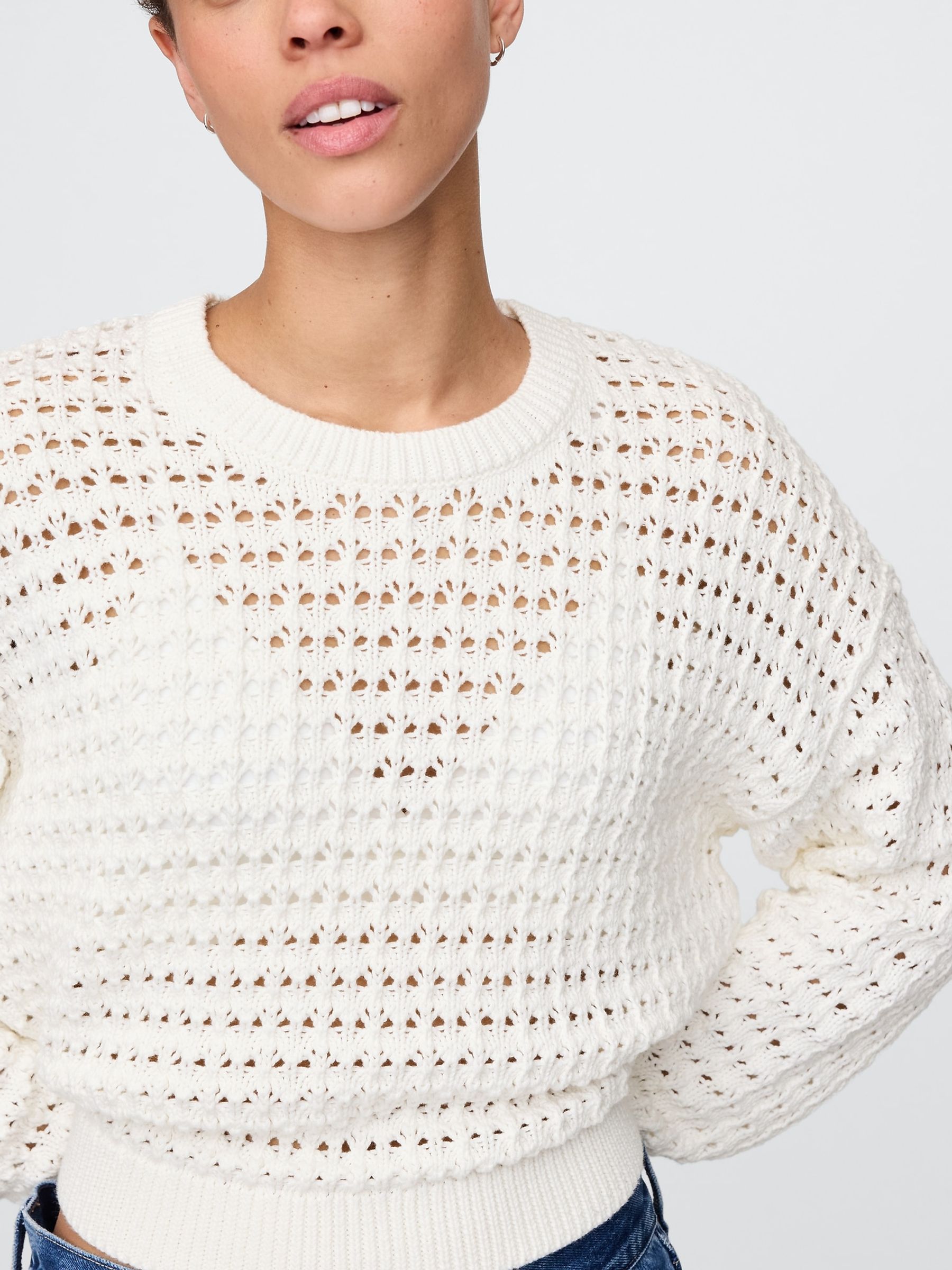 White 100% Cotton Oversized Crochet Crew Neck Jumper - Image 4 of 5