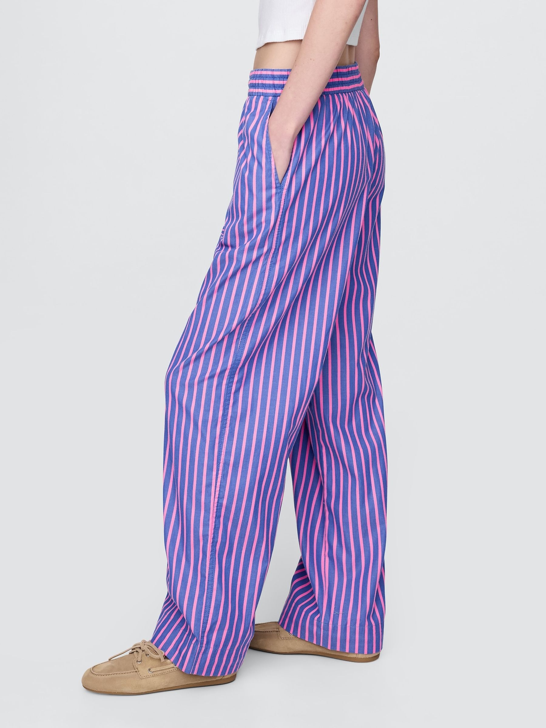 Blue/Pink Cotton Poplin Striped Easy Wide-Leg Trousers - Image 3 of 5