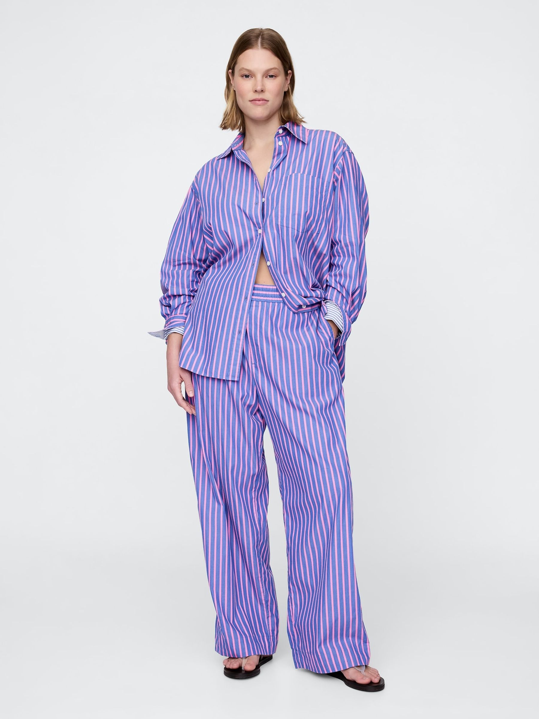 Blue/Pink Cotton Poplin Striped Easy Wide-Leg Trousers - Image 4 of 5