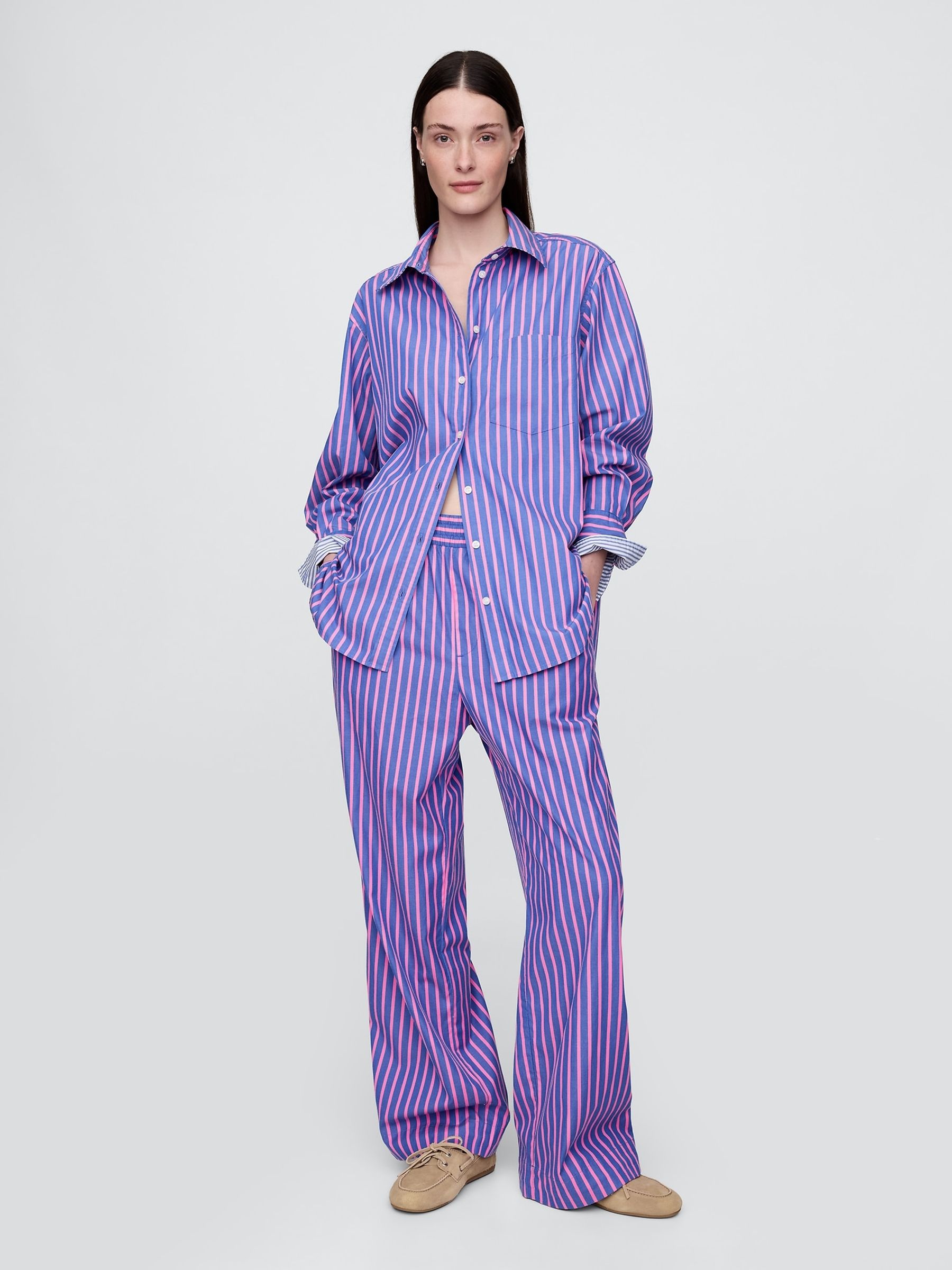 Blue/Pink Cotton Poplin Striped Easy Wide-Leg Trousers - Image 5 of 5